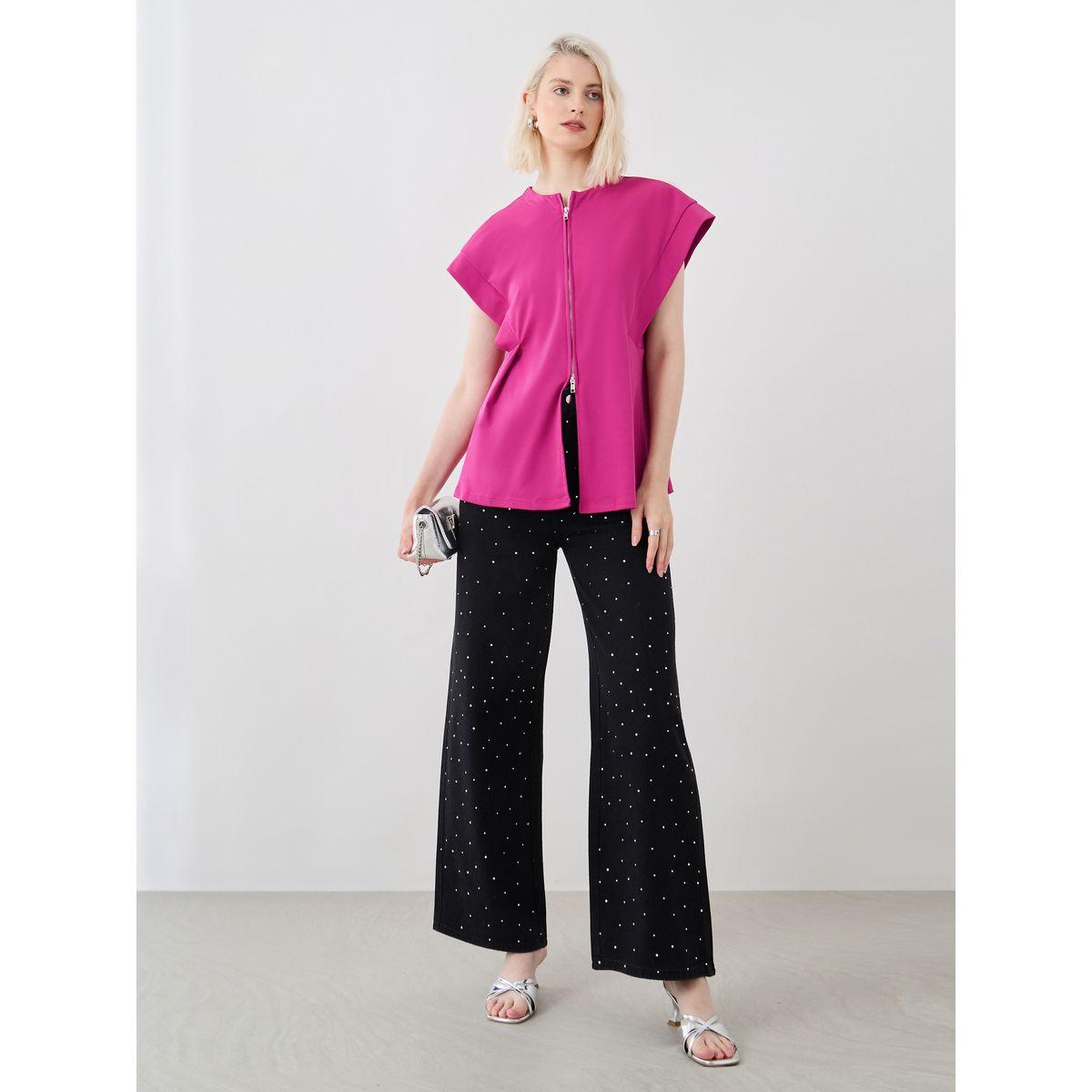 Styli Solid Pleated Longline Blouse with Zipped Detail-women-clothing-shirtsandblouses-blouses-image-2