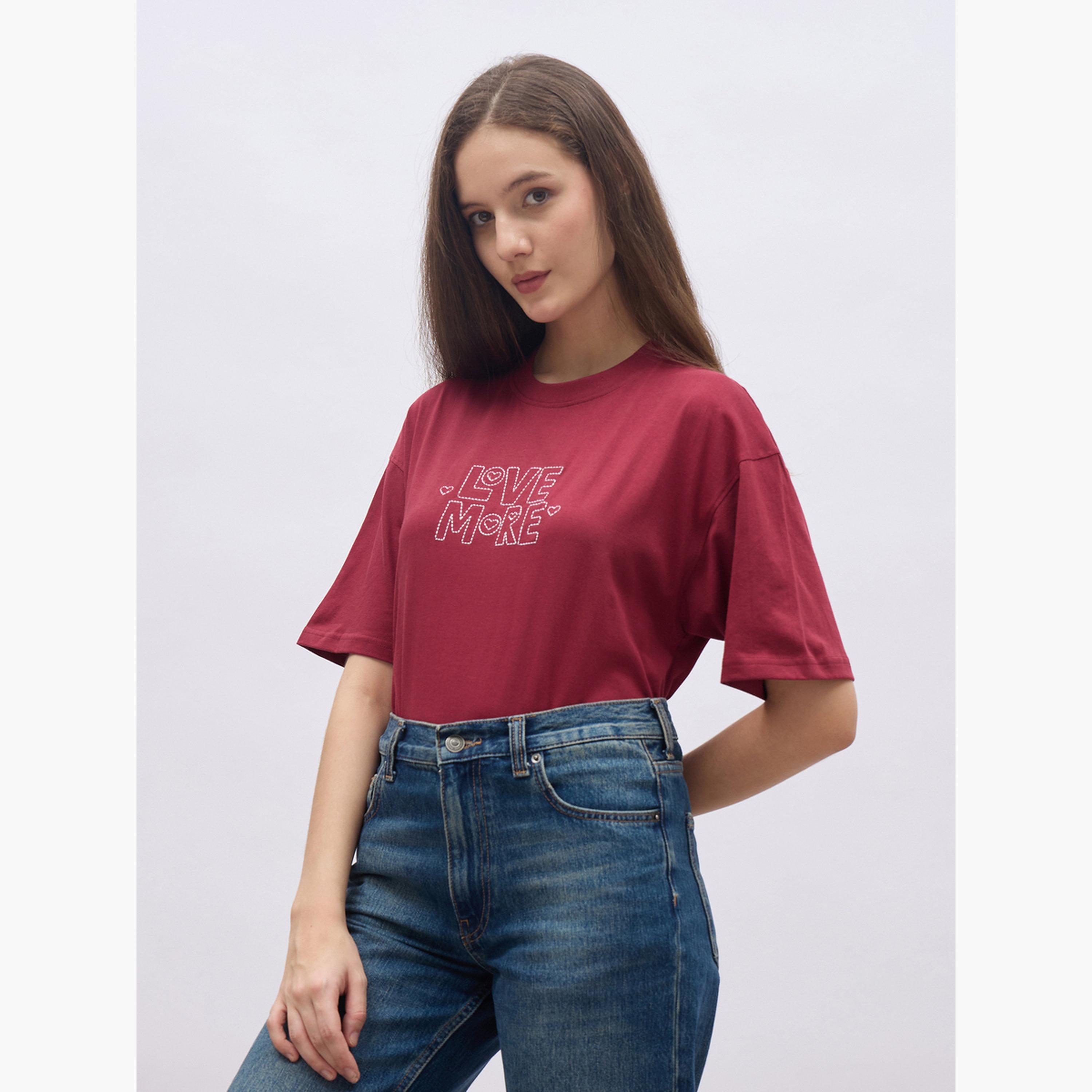 Styli Red Embroidered Oversized T-Shirt-women-clothing-tshirts-image-3
