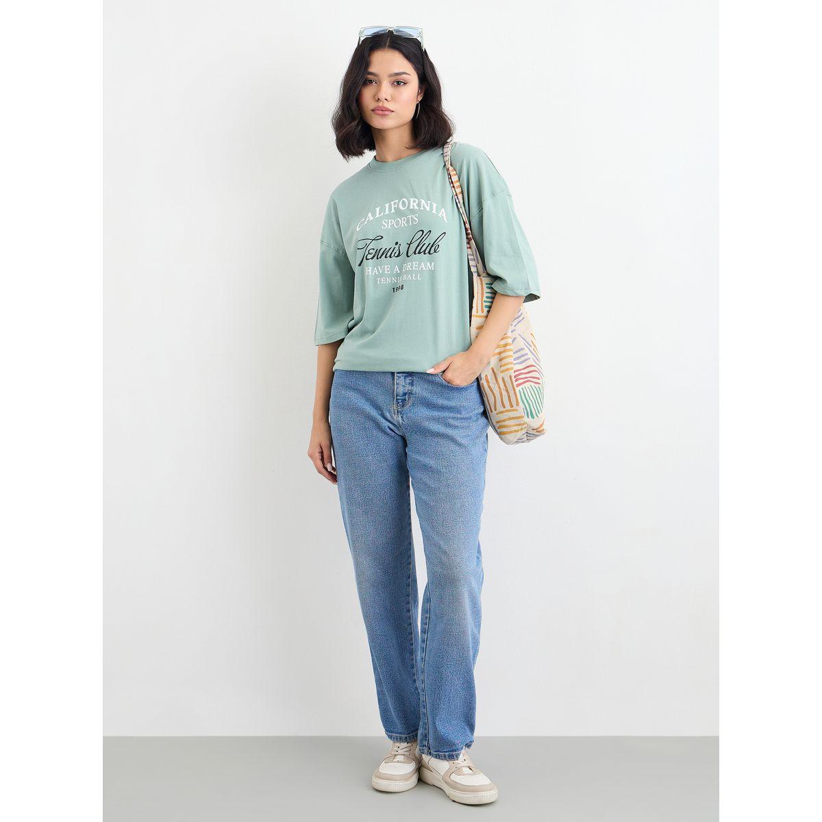 Styli Women Green Slogan Print Dropped Shoulder Oversized T-Shirt-women-clothing-tshirts-image-1