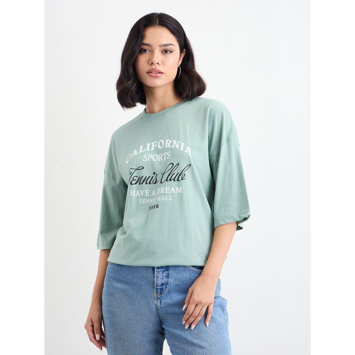 Styli Women Green Slogan Print Dropped Shoulder Oversized T-Shirt-women-clothing-tshirts-image-2