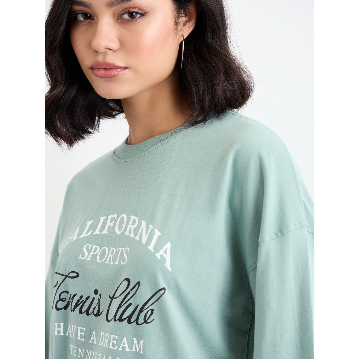Styli Women Green Slogan Print Dropped Shoulder Oversized T-Shirt-women-clothing-tshirts-image-3