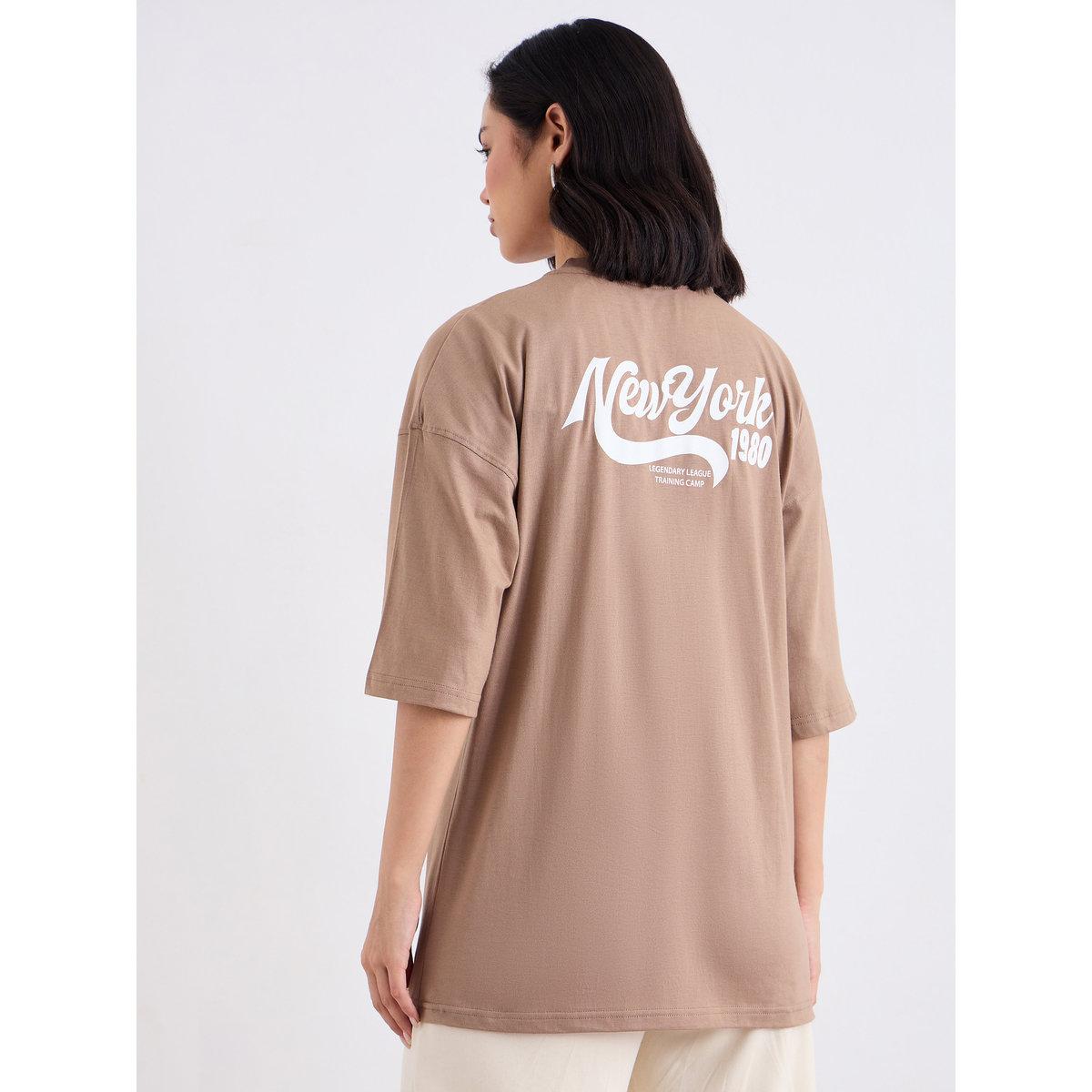 Styli Women Brown Slogan Print Short Sleeve Oversized T-Shirt-women-clothing-tshirts-image-4