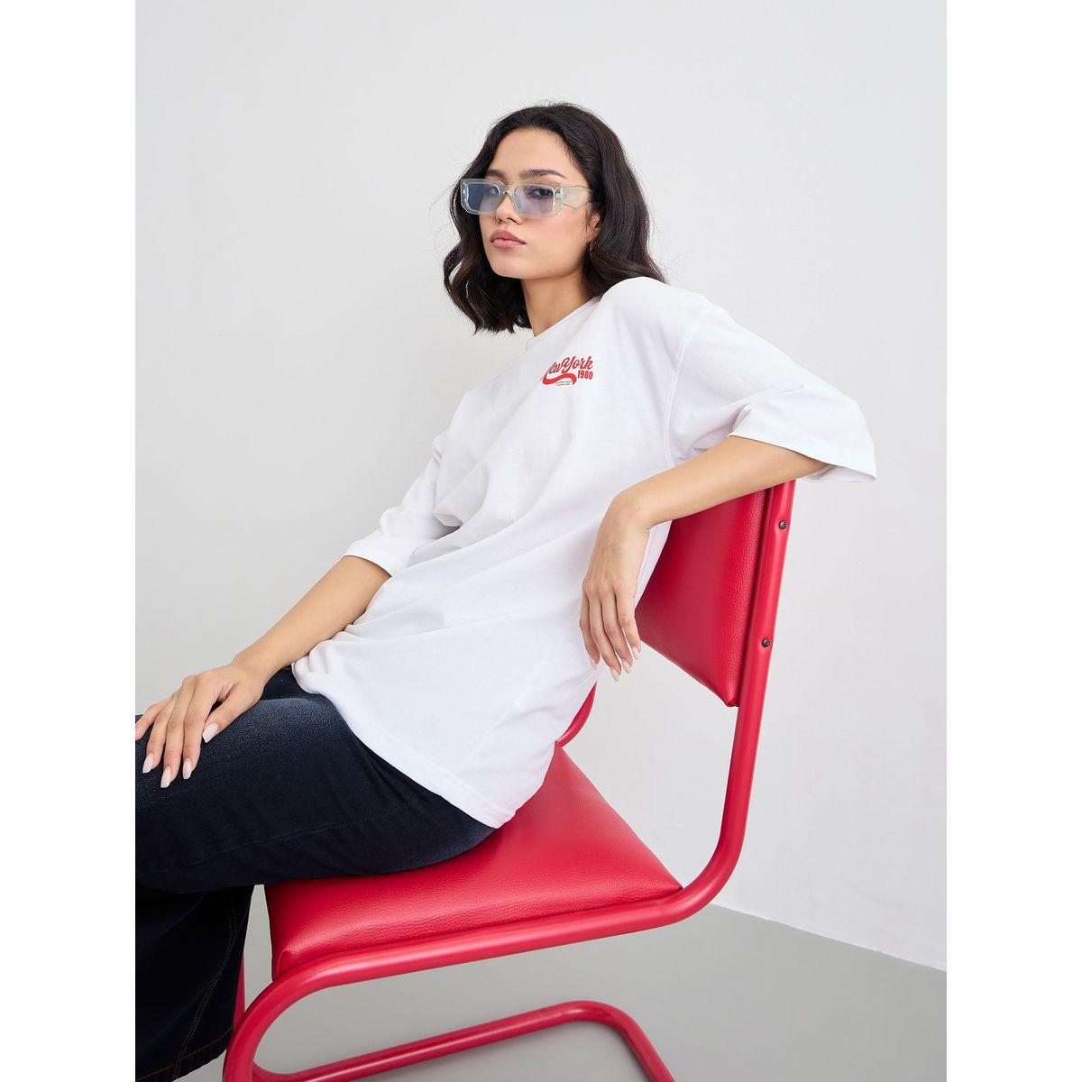 تيشيرت فضفاض بطبعة كتابة وأكمام قصيرة-women-clothing-tshirts-image-5