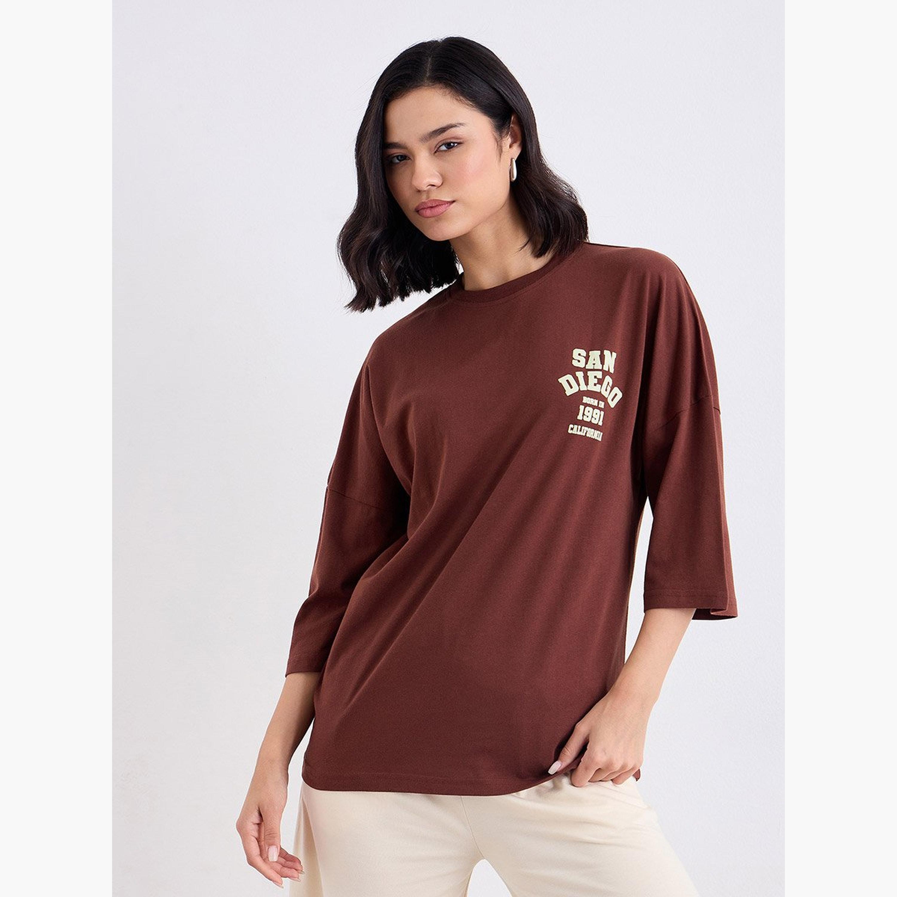 Styli Brown Oversized Back Graphic Print T-Shirt-women-clothing-tshirts-image-1
