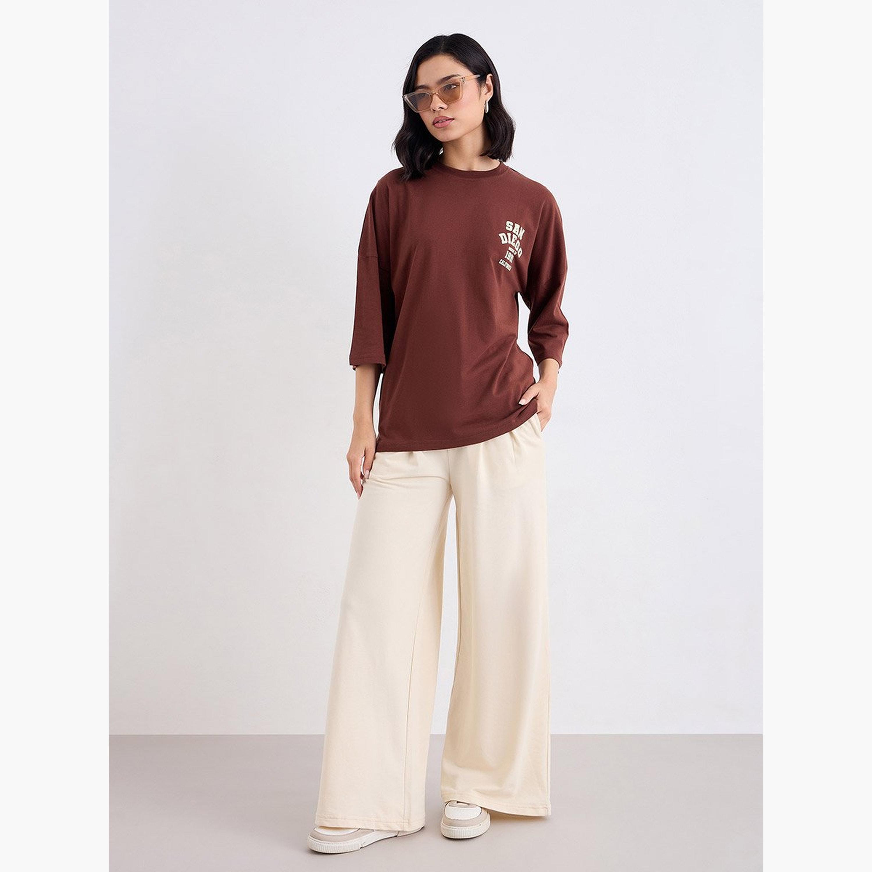 Styli Brown Oversized Back Graphic Print T-Shirt-women-clothing-tshirts-image-2
