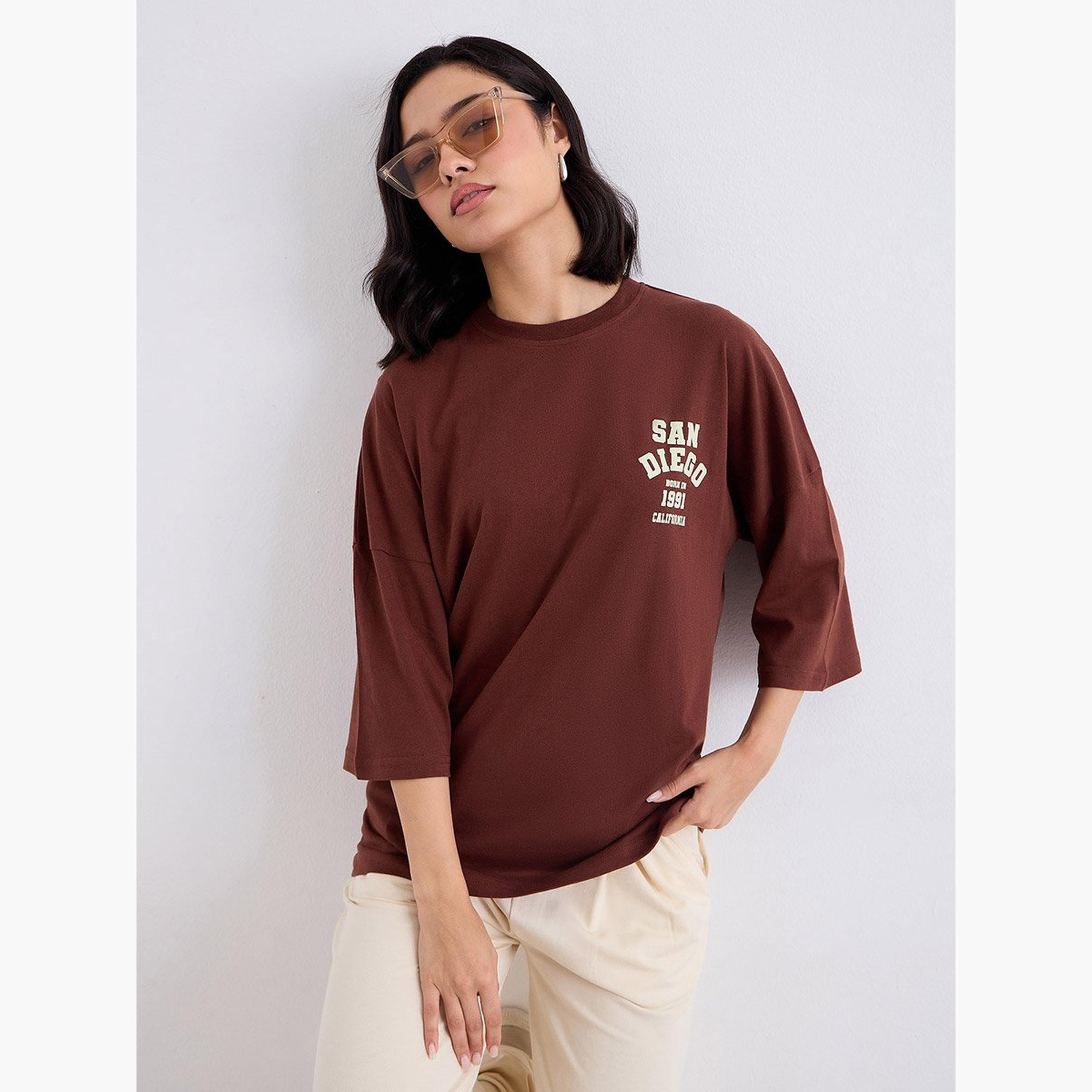 Styli Brown Oversized Back Graphic Print T-Shirt-women-clothing-tshirts-image-5