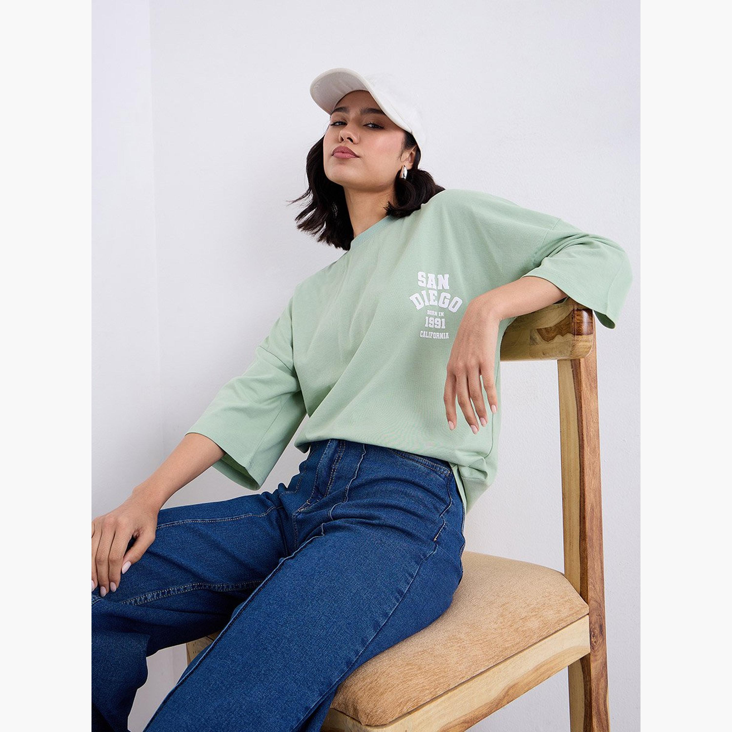 Styli Green Oversized Back Graphic Print T-Shirt-women-clothing-tshirts-image-3