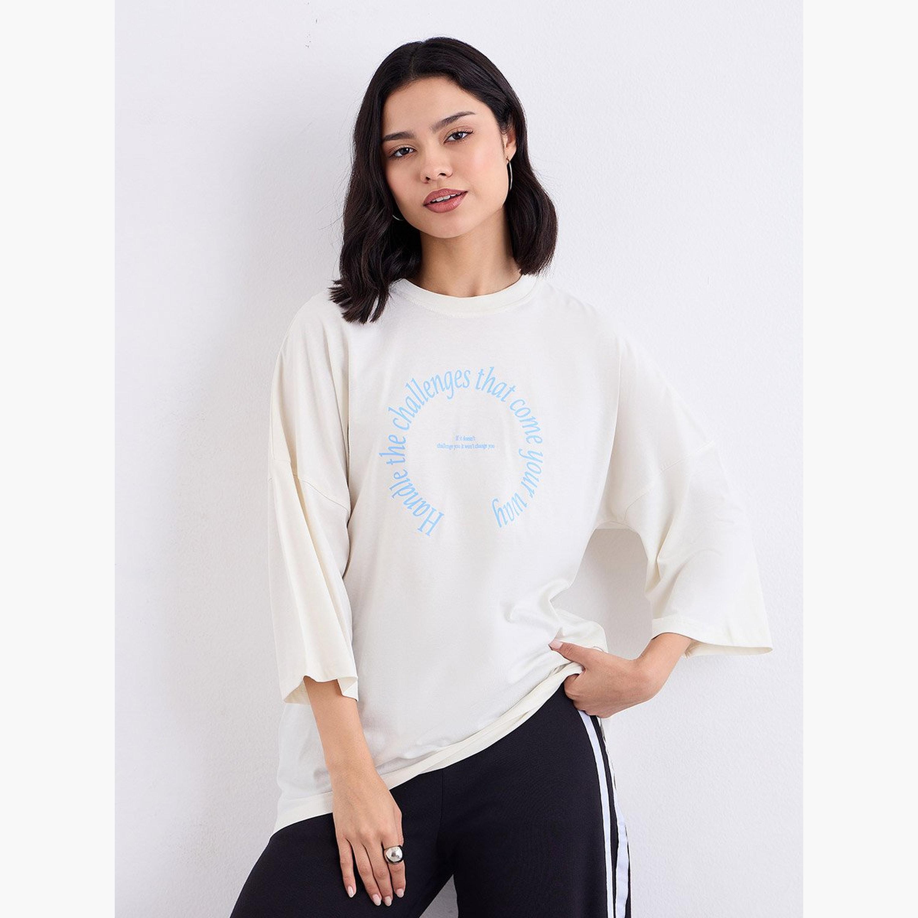 Styli Cream Oversized Slogan Print T-Shirt-women-clothing-tshirts-image-1