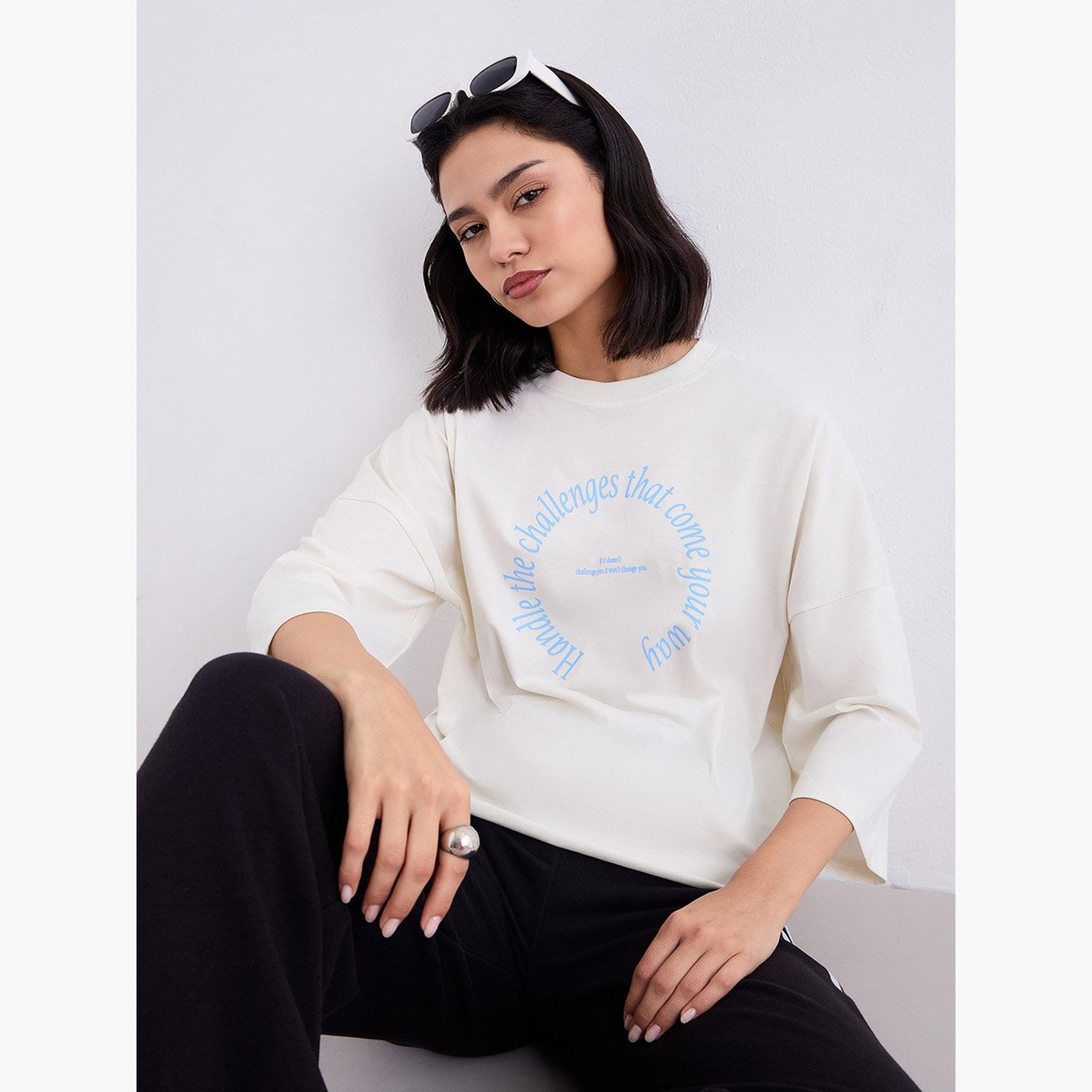Styli Cream Oversized Slogan Print T-Shirt-women-clothing-tshirts-image-3