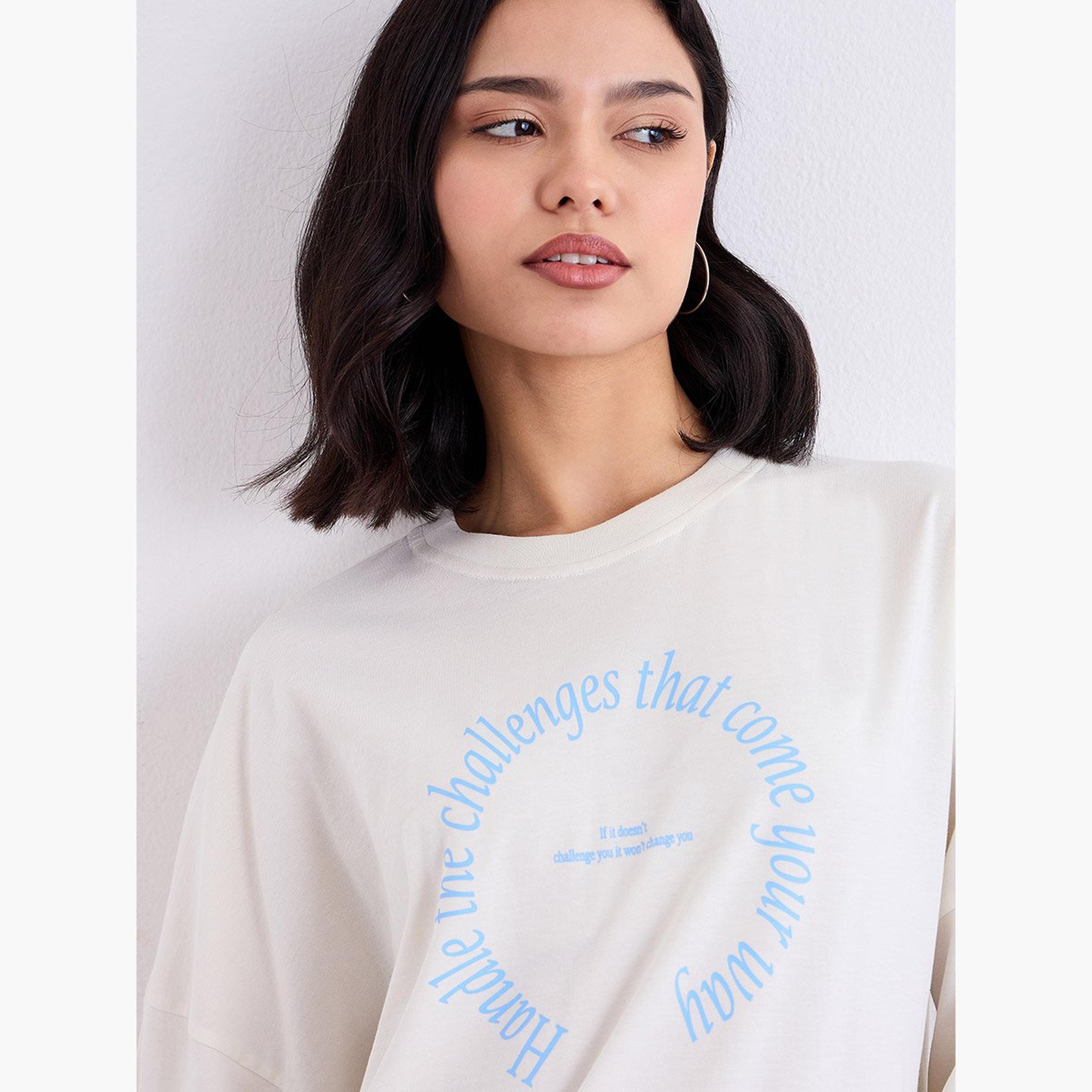 Styli Cream Oversized Slogan Print T-Shirt-women-clothing-tshirts-image-4