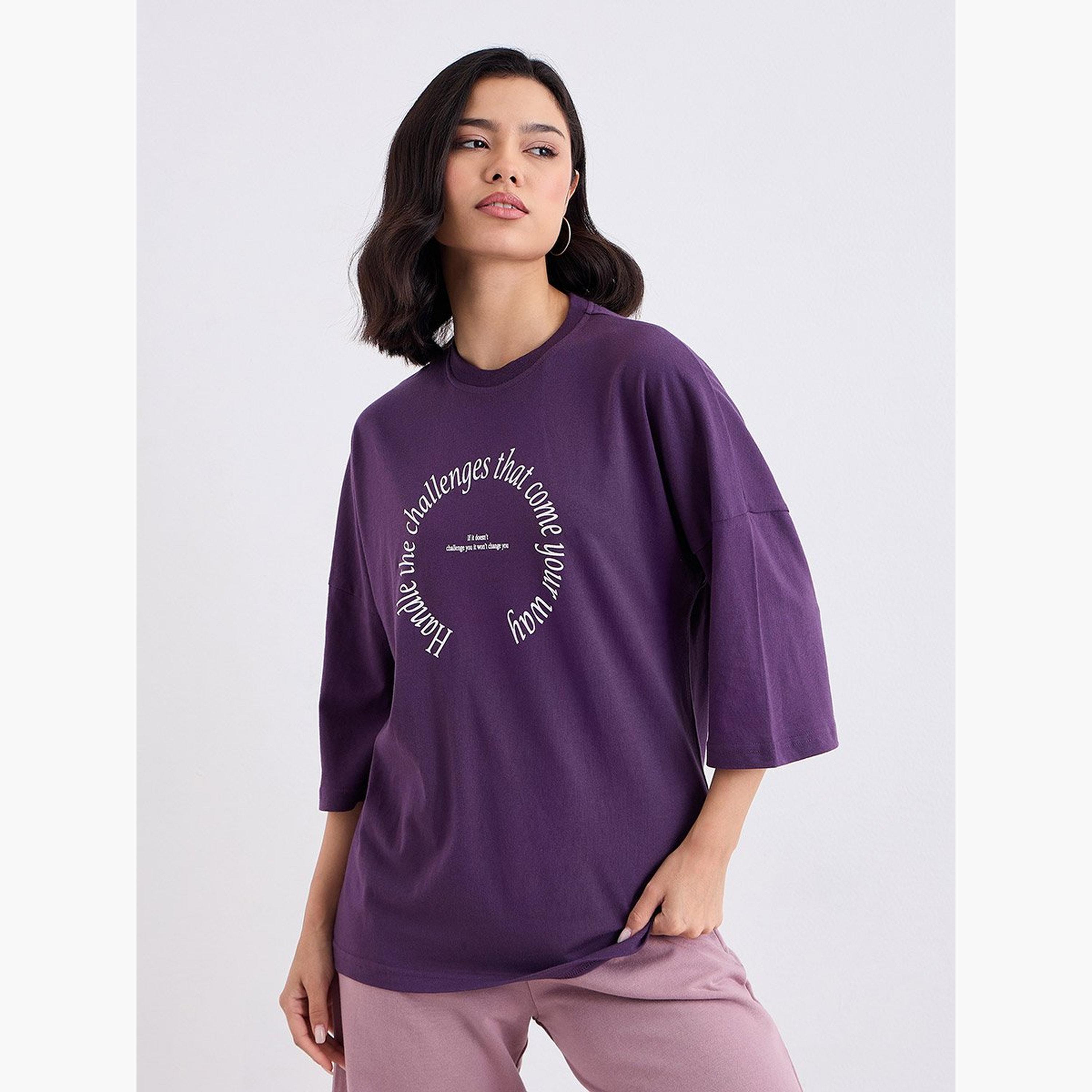 Styli Purple Oversized Slogan Print T-Shirt-women-clothing-tshirts-image-1
