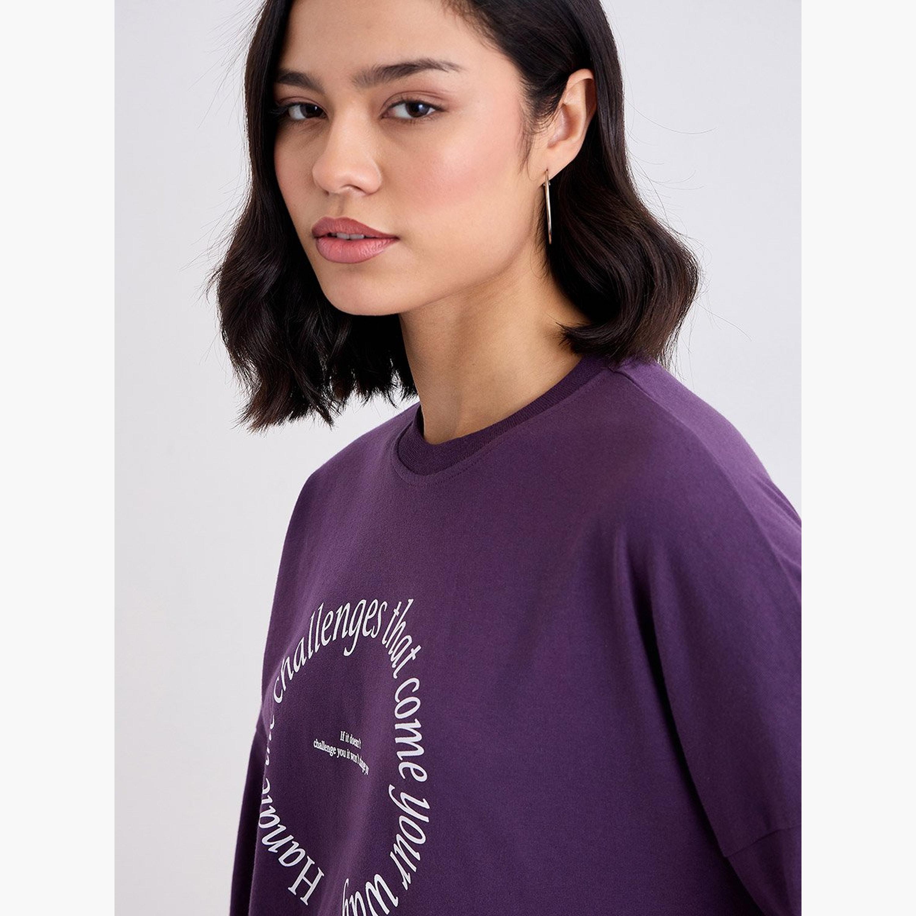 Styli Purple Oversized Slogan Print T-Shirt-women-clothing-tshirts-image-3