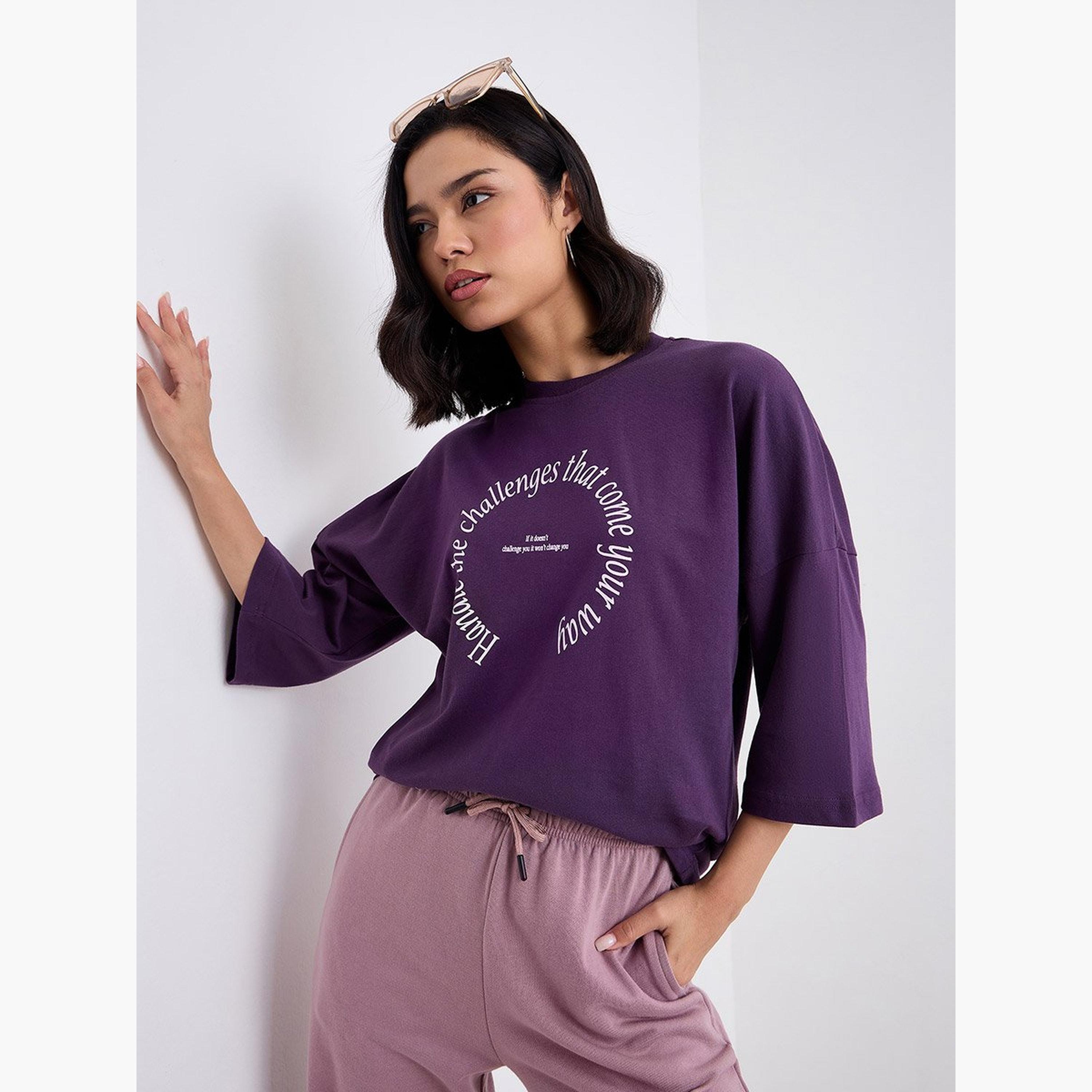 Styli Purple Oversized Slogan Print T-Shirt-women-clothing-tshirts-image-5