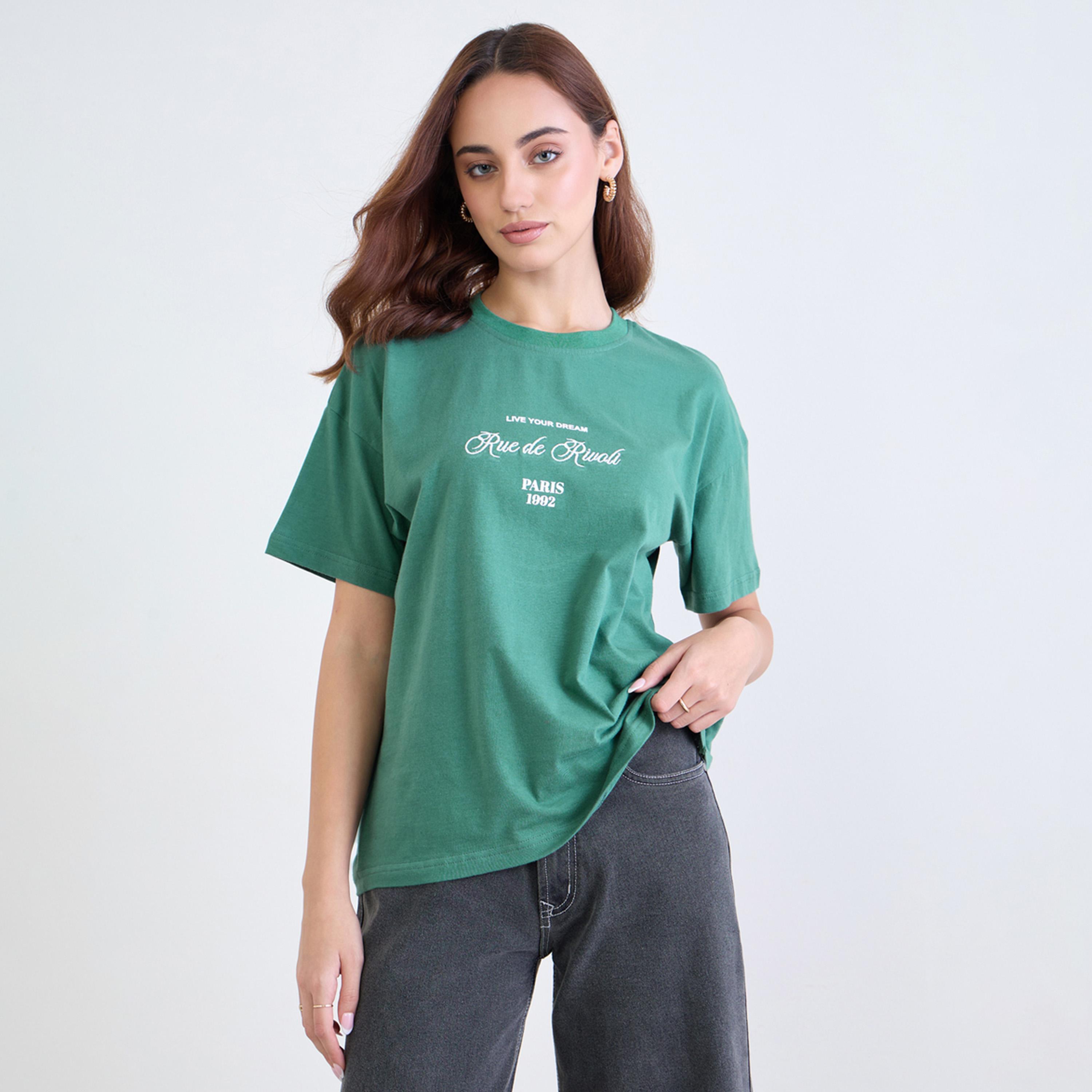 Styli Green Embroidered Boxy Fit T-Shirt-women-clothing-tshirts-image-1