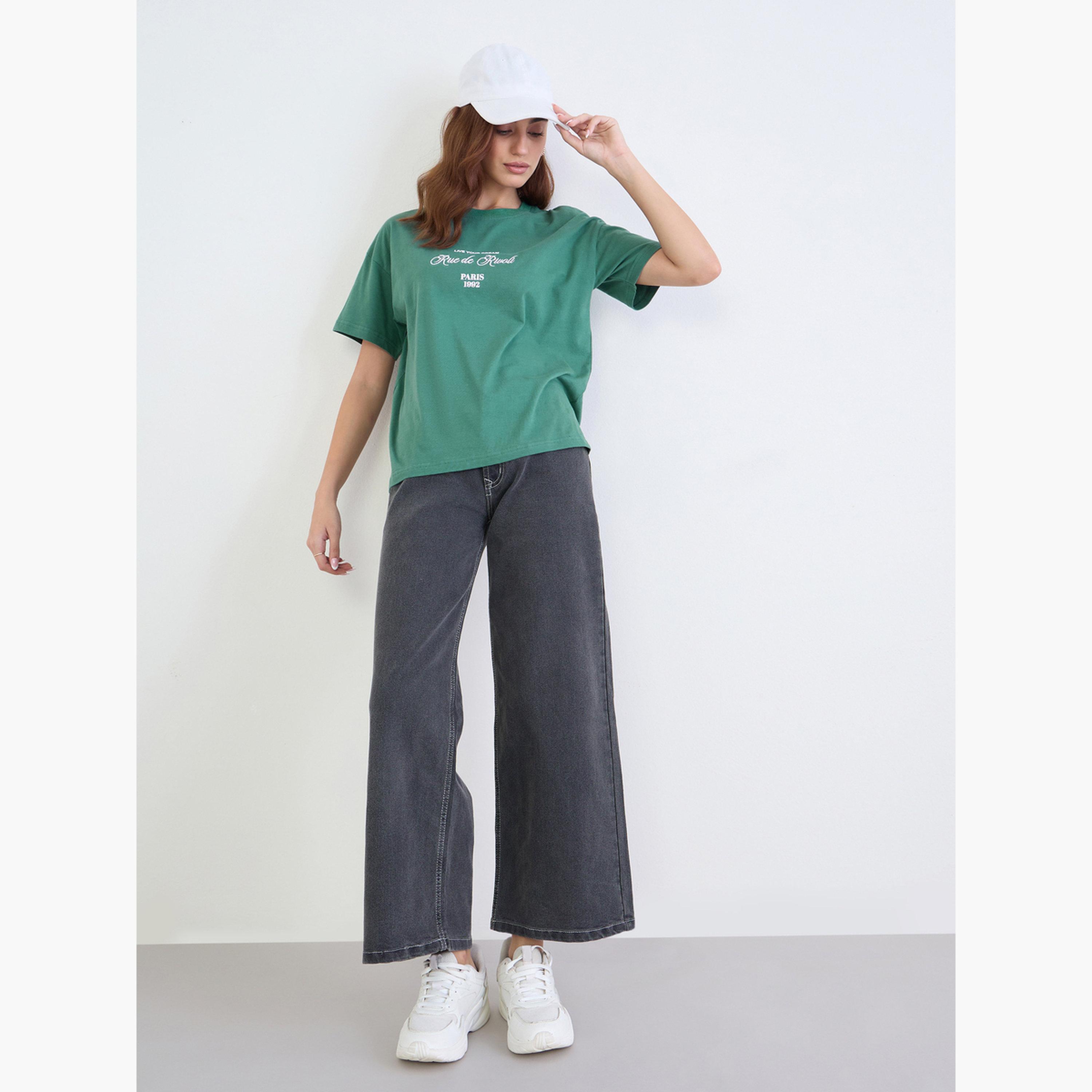 Styli Green Embroidered Boxy Fit T-Shirt-women-clothing-tshirts-image-2