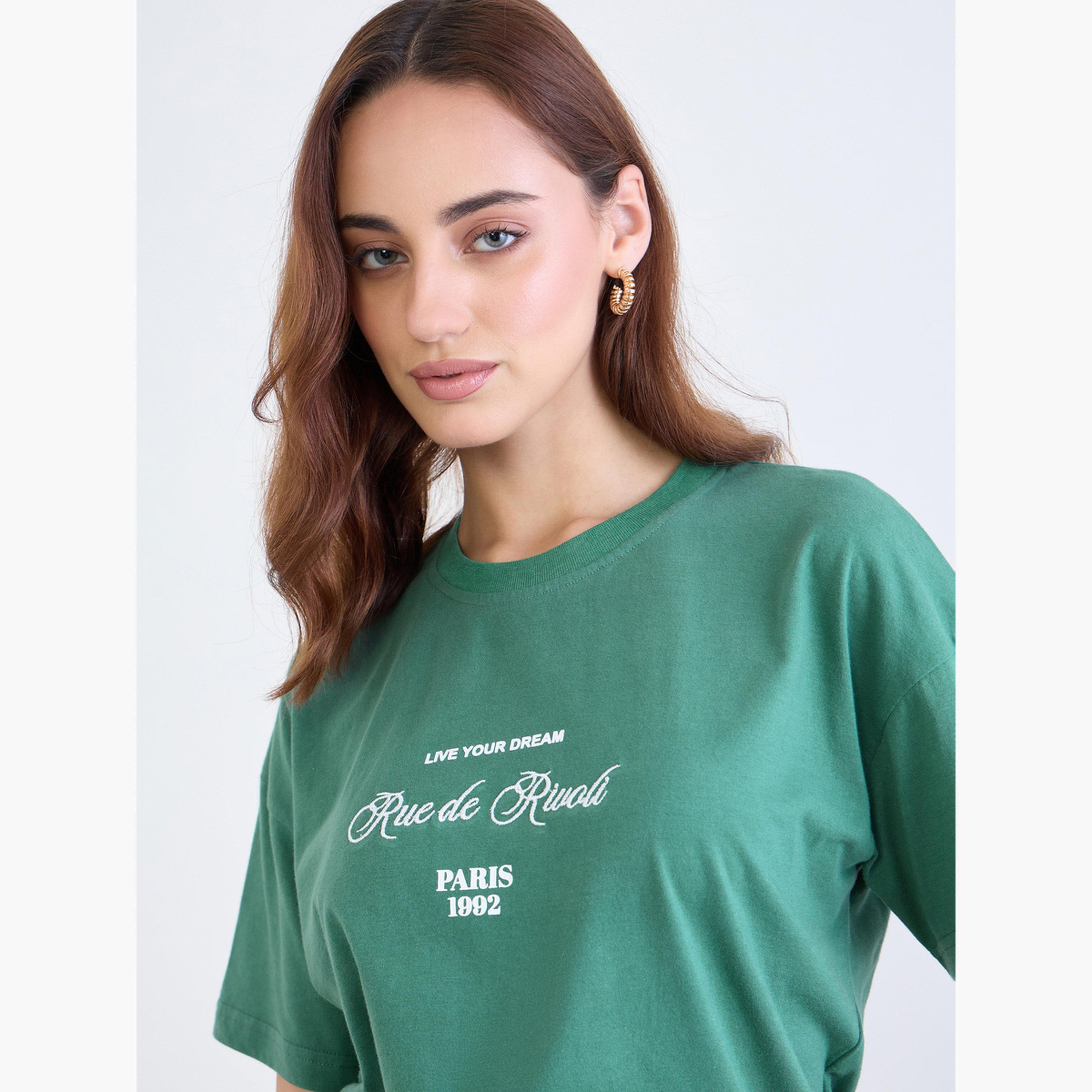 Styli Green Embroidered Boxy Fit T-Shirt-women-clothing-tshirts-image-3