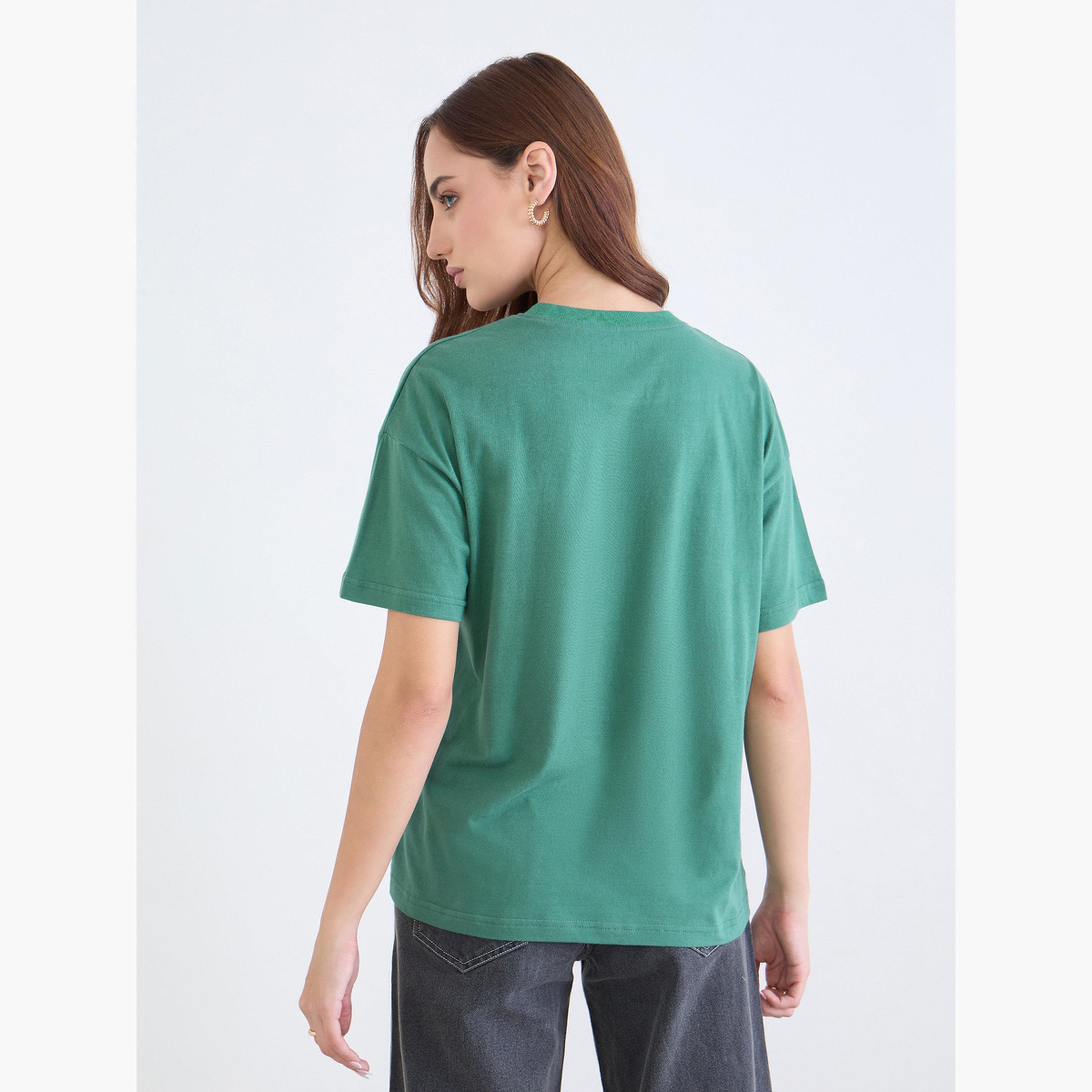 Styli Green Embroidered Boxy Fit T-Shirt-women-clothing-tshirts-image-4