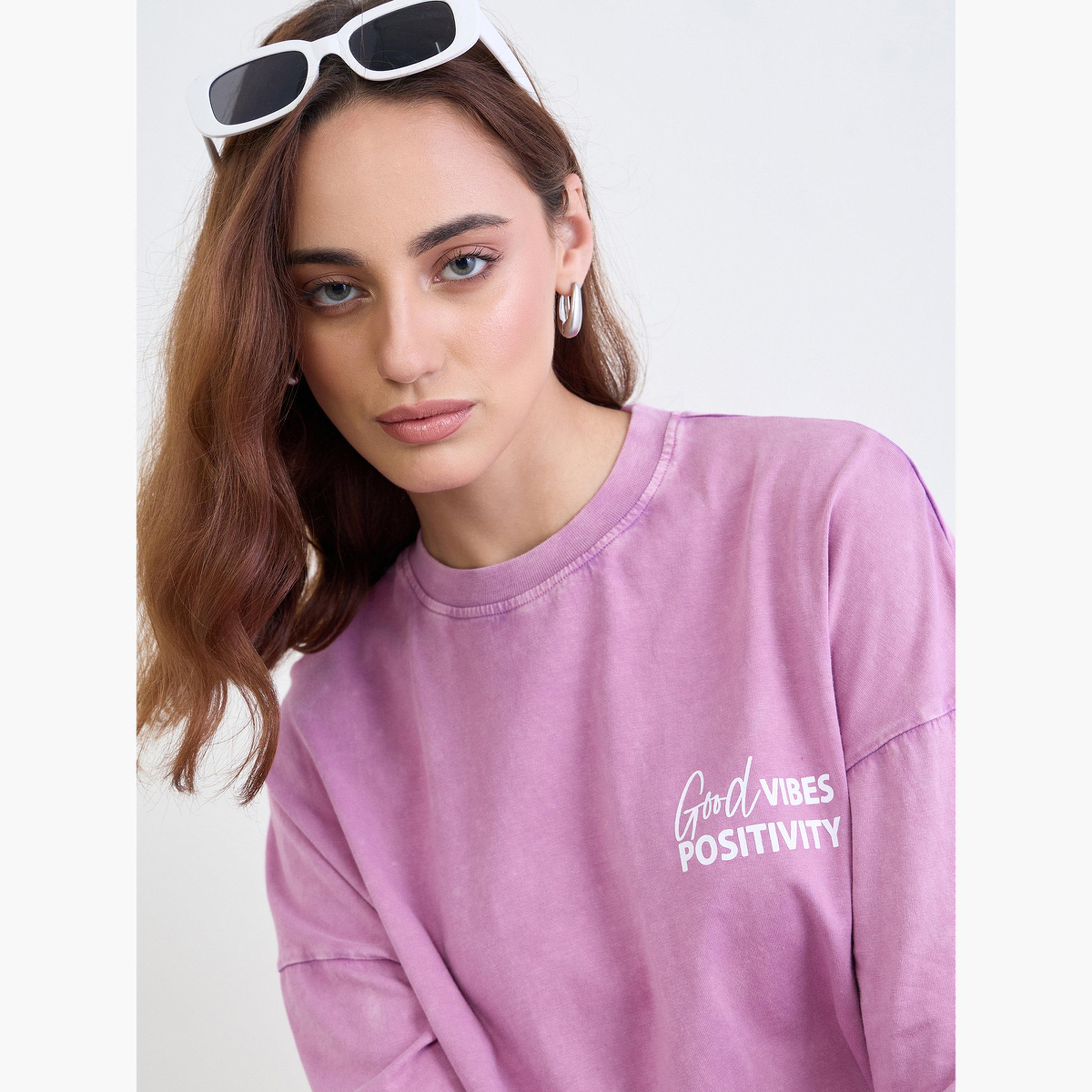 ستايلي - تي شيرت أرجواني حجم كبير طبعة شعار، قابل للغسل بالحامض-women-clothing-tshirts-image-5