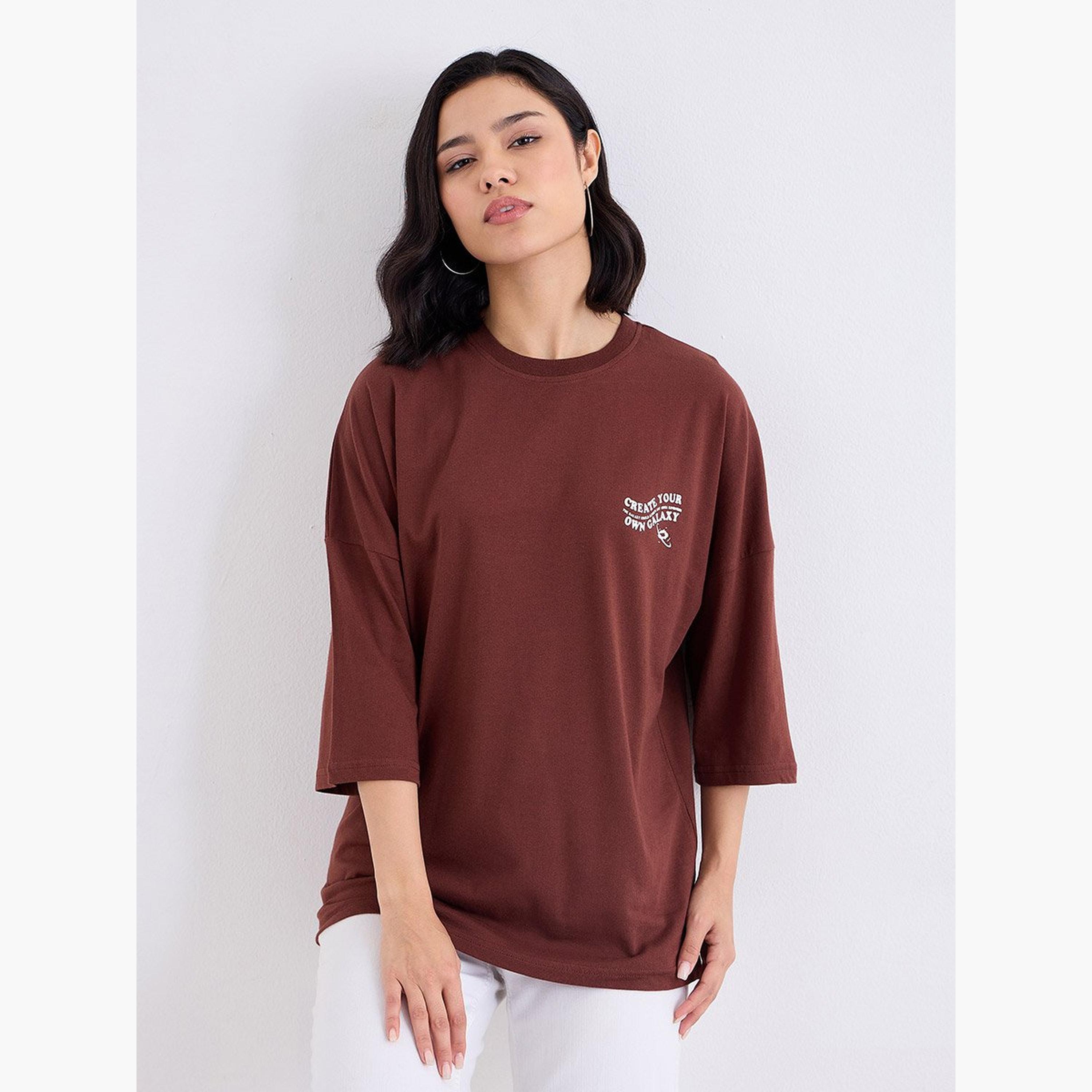Styli Brown Oversized Galaxy Graphic Print T-Shirt-women-clothing-tshirts-image-1