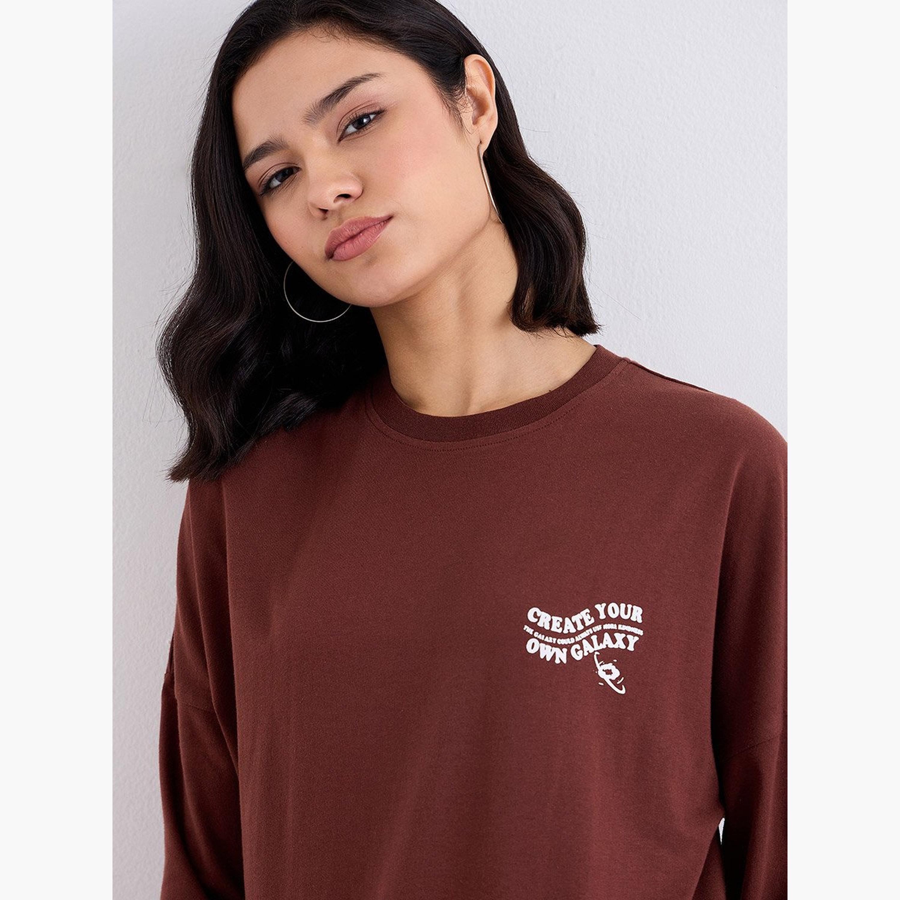 Styli Brown Oversized Galaxy Graphic Print T-Shirt-women-clothing-tshirts-image-3