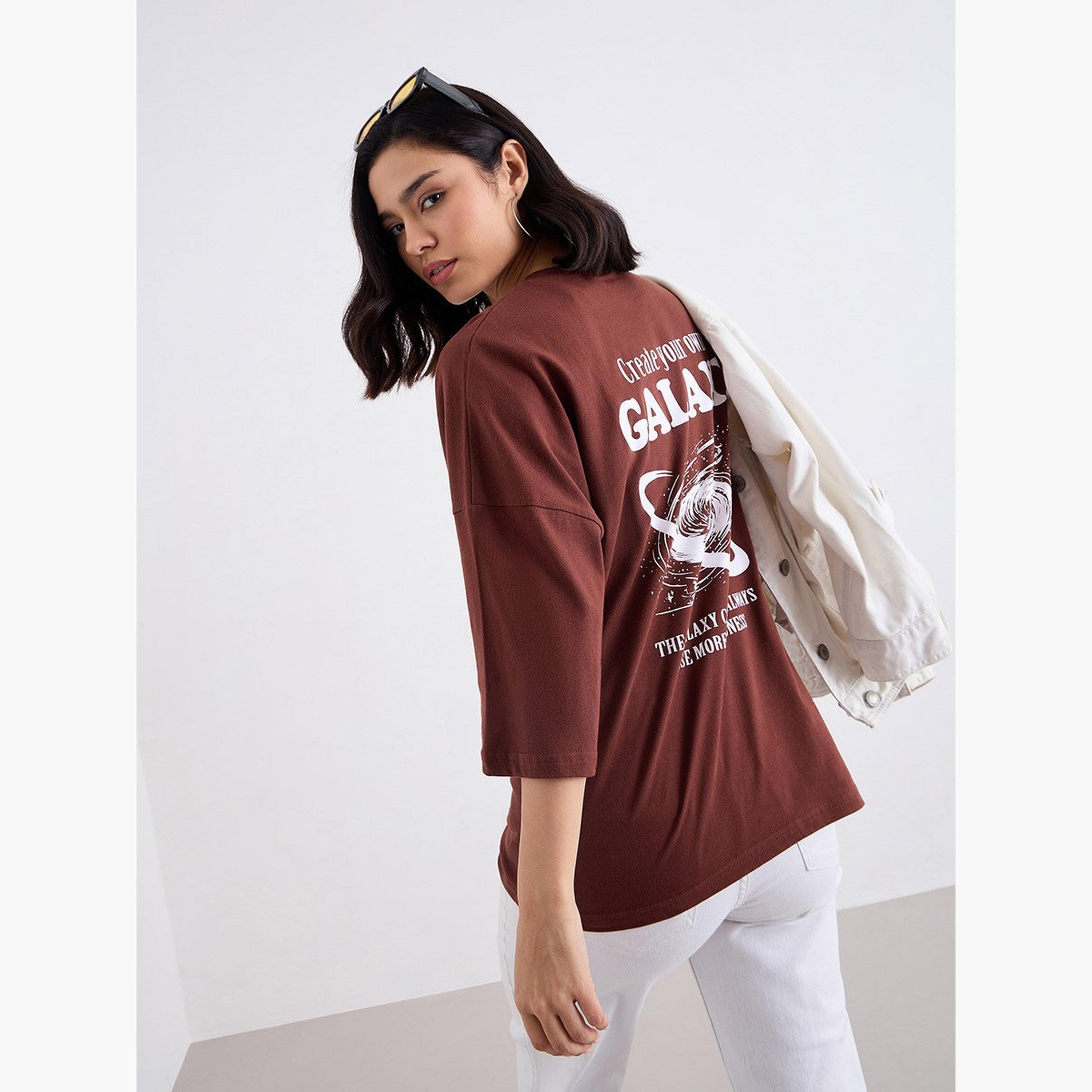 Styli Brown Oversized Galaxy Graphic Print T-Shirt-women-clothing-tshirts-image-5