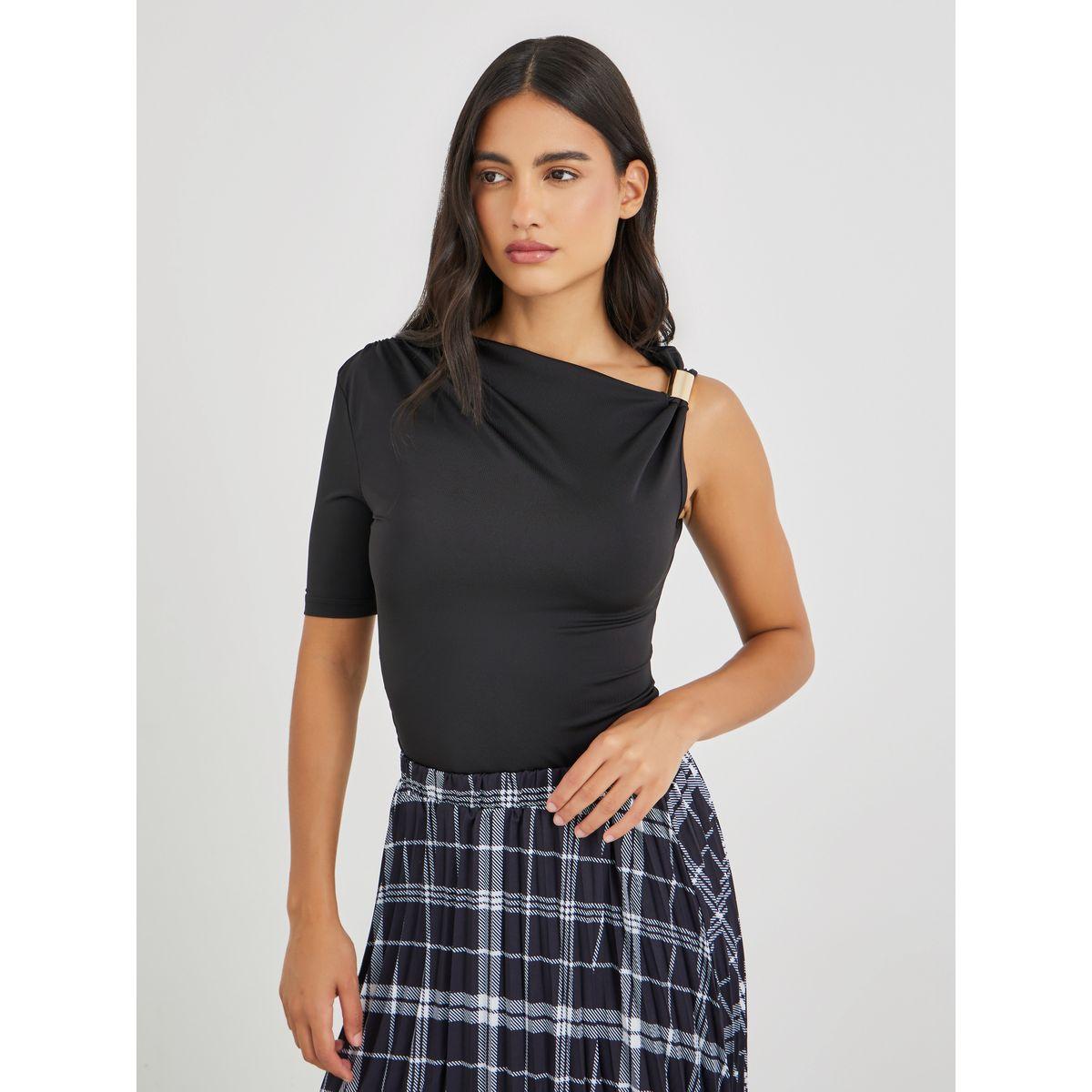 Styli Solid One Sleeve Ruched Detail Top-women-clothing-shirtsandblouses-blouses-image-3