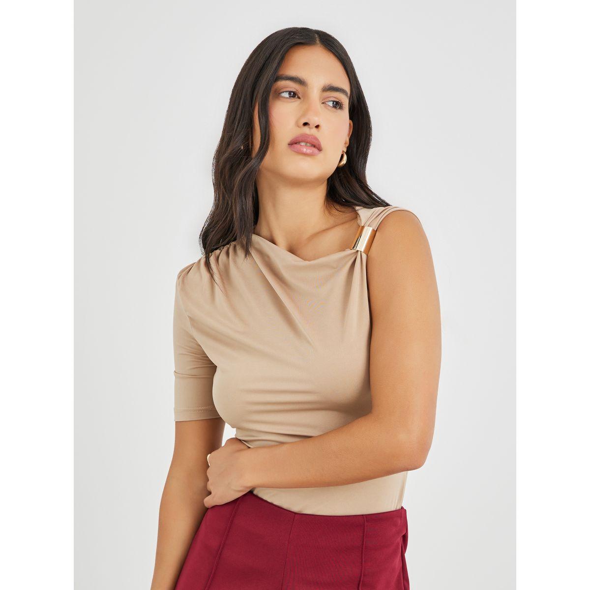 بلوزة سادة بكم واحد وتفاصيل مزمومة-women-clothing-shirtsandblouses-blouses-image-1