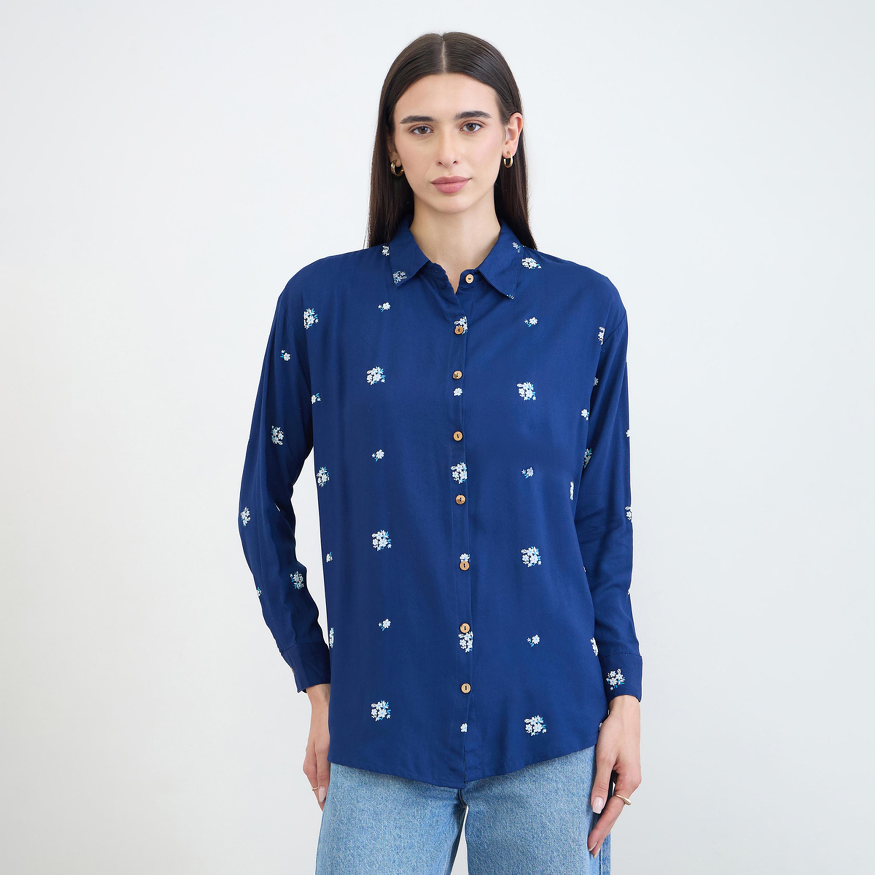 قميص بياقة مفرودة ومطرز أزرق كحلي-women-clothing-shirtsandblouses-shirts-image-1