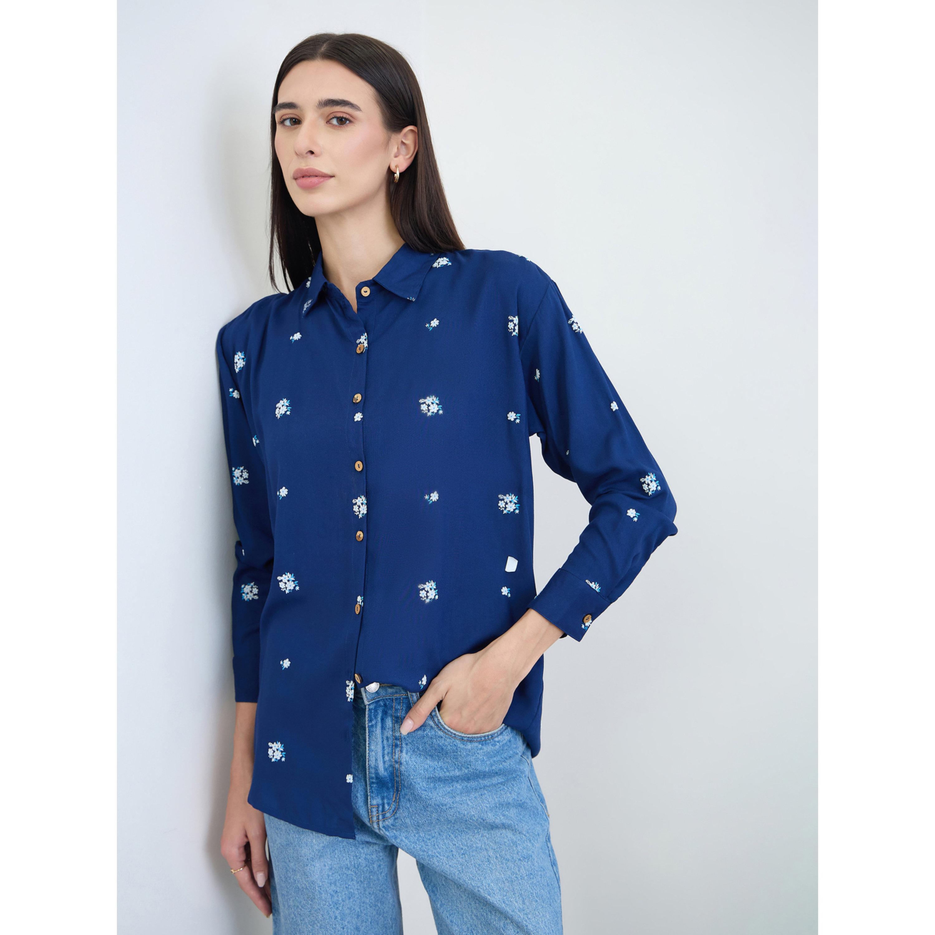 قميص بياقة مفرودة ومطرز أزرق كحلي-women-clothing-shirtsandblouses-shirts-image-3
