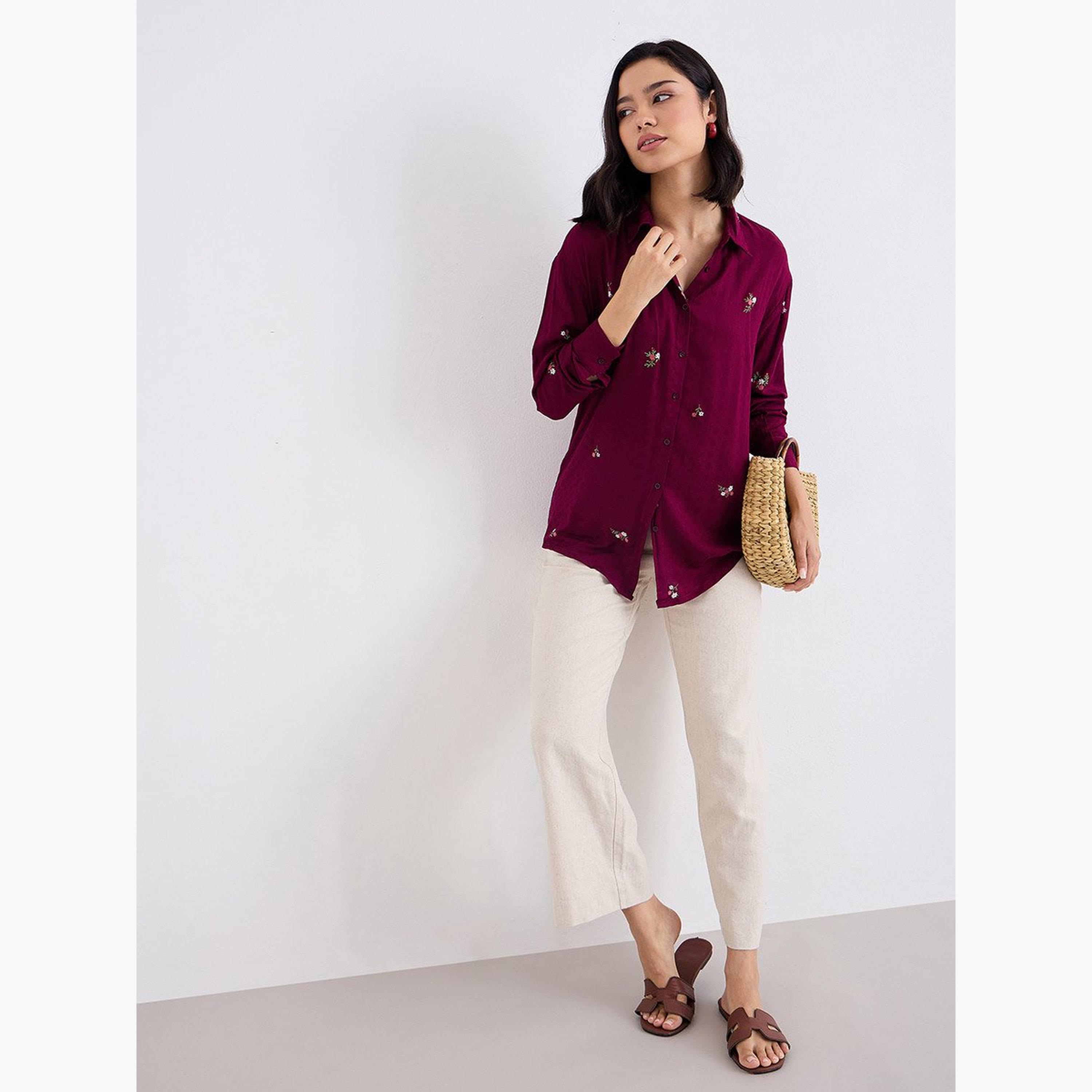 Styli Burgundy Embroidered Spread Collar Shirt-women-clothing-shirtsandblouses-shirts-image-2
