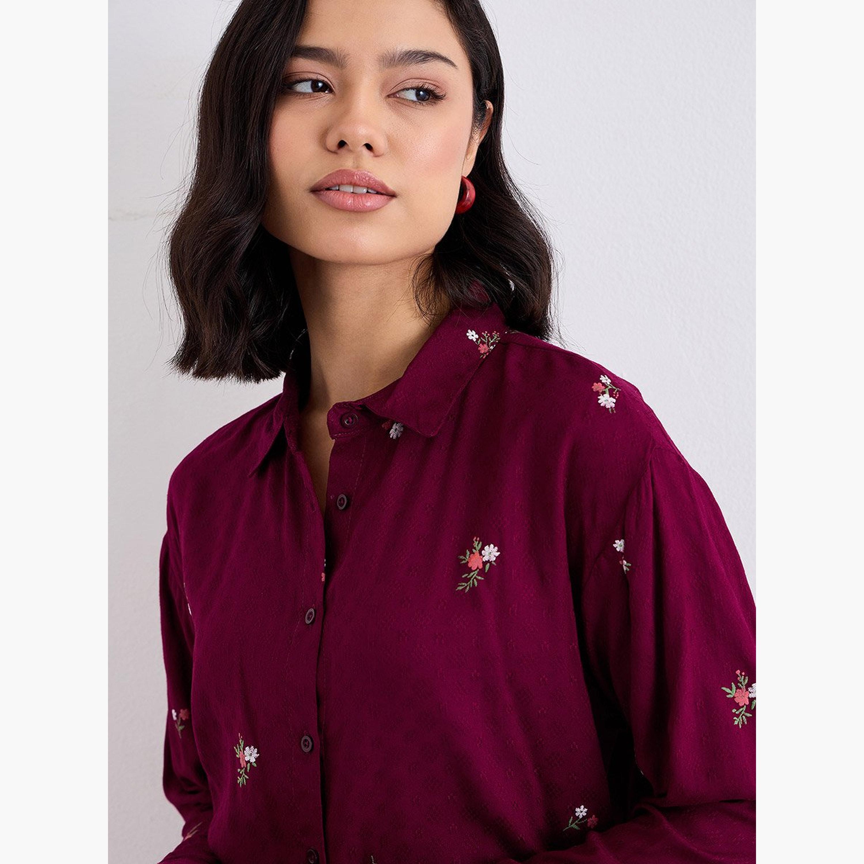 Styli Burgundy Embroidered Spread Collar Shirt-women-clothing-shirtsandblouses-shirts-image-3
