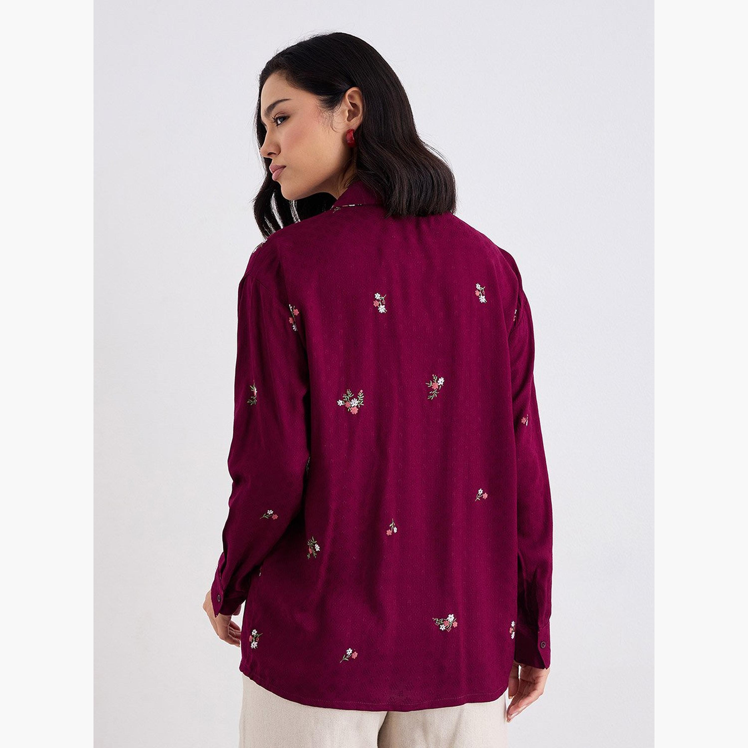 Styli Burgundy Embroidered Spread Collar Shirt-women-clothing-shirtsandblouses-shirts-image-4