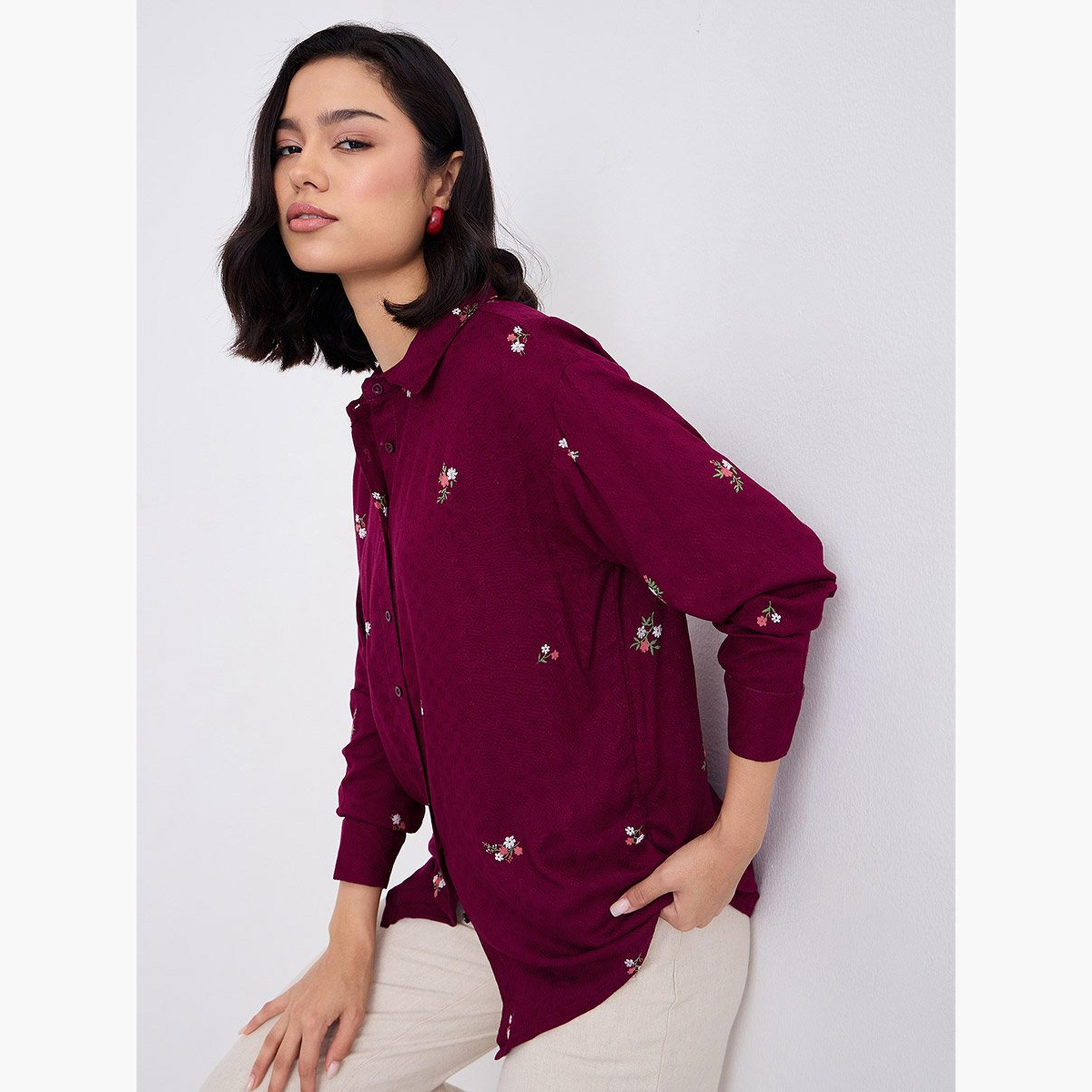 ستايلي - قميص لون عنابي مطرز ياقة واسعة-women-clothing-shirtsandblouses-shirts-image-5