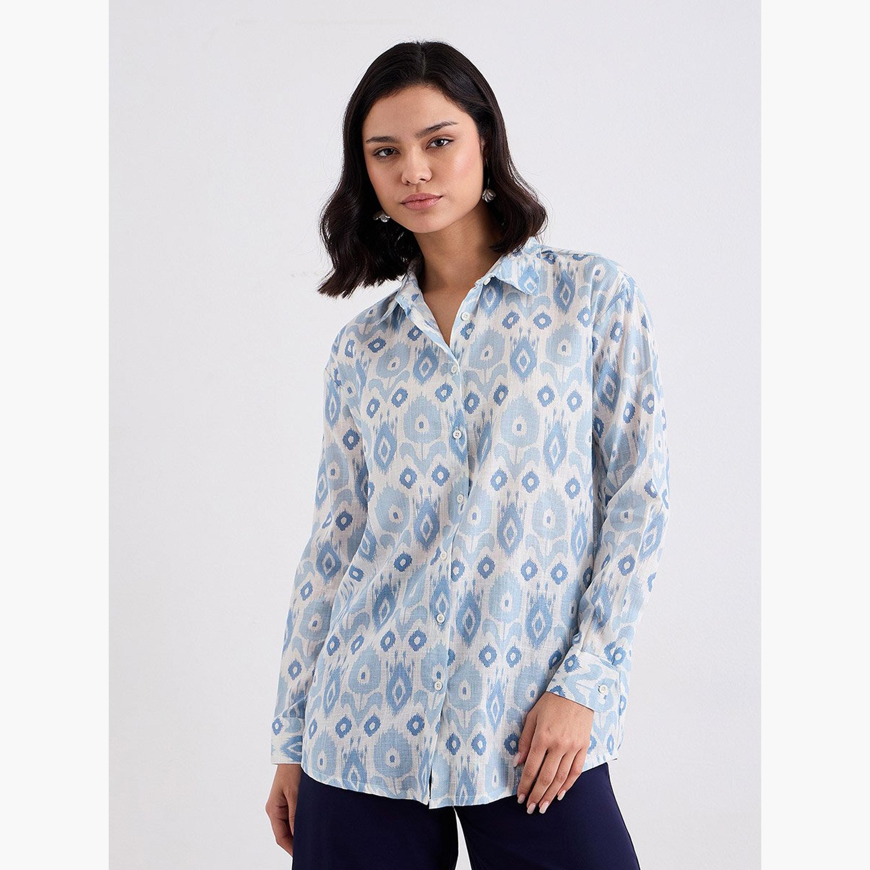 ستايلي - قميص للنساء أزرق بطبعة إيكات-women-clothing-shirtsandblouses-shirts-image-1