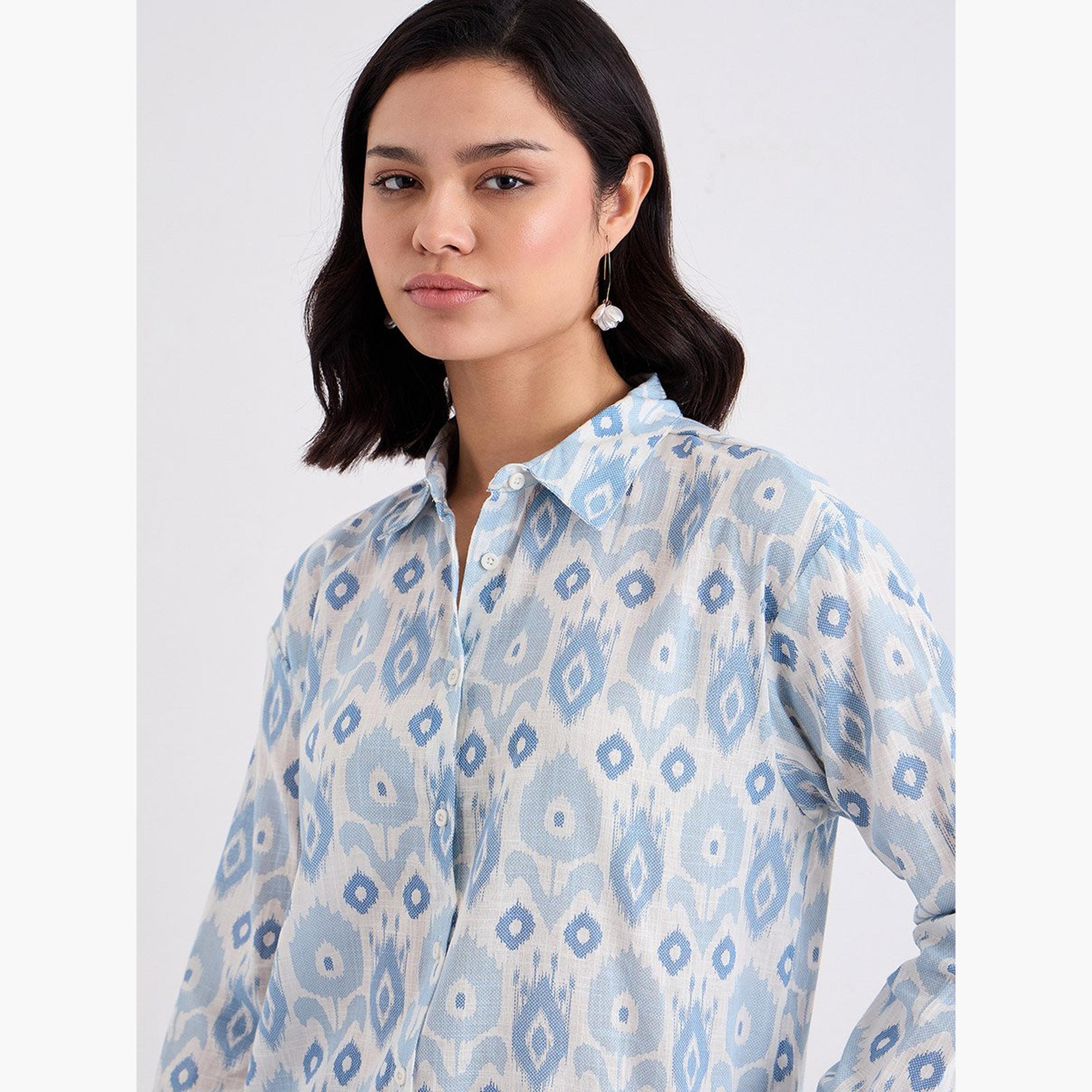 ستايلي - قميص للنساء أزرق بطبعة إيكات-women-clothing-shirtsandblouses-shirts-image-3