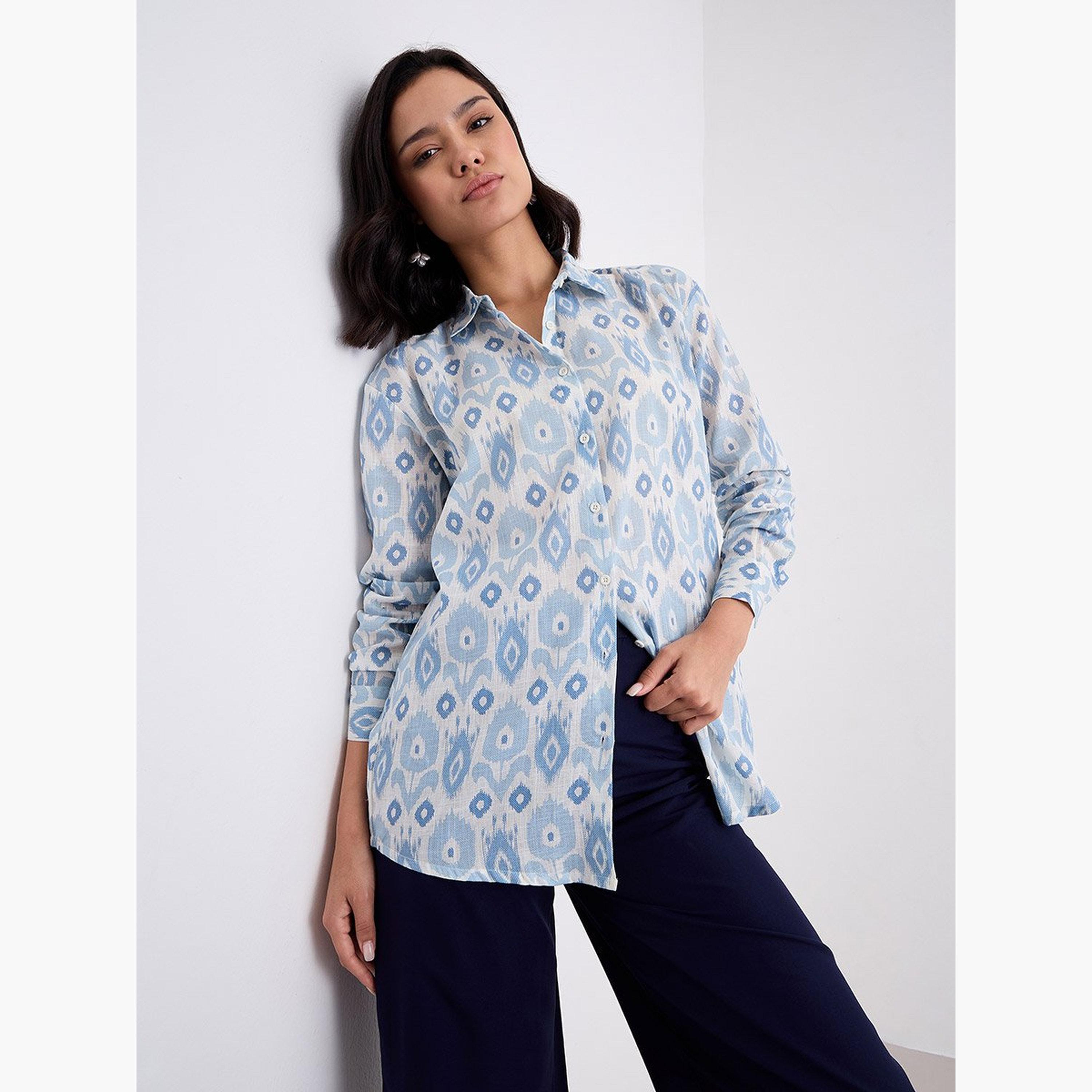 ستايلي - قميص للنساء أزرق بطبعة إيكات-women-clothing-shirtsandblouses-shirts-image-5
