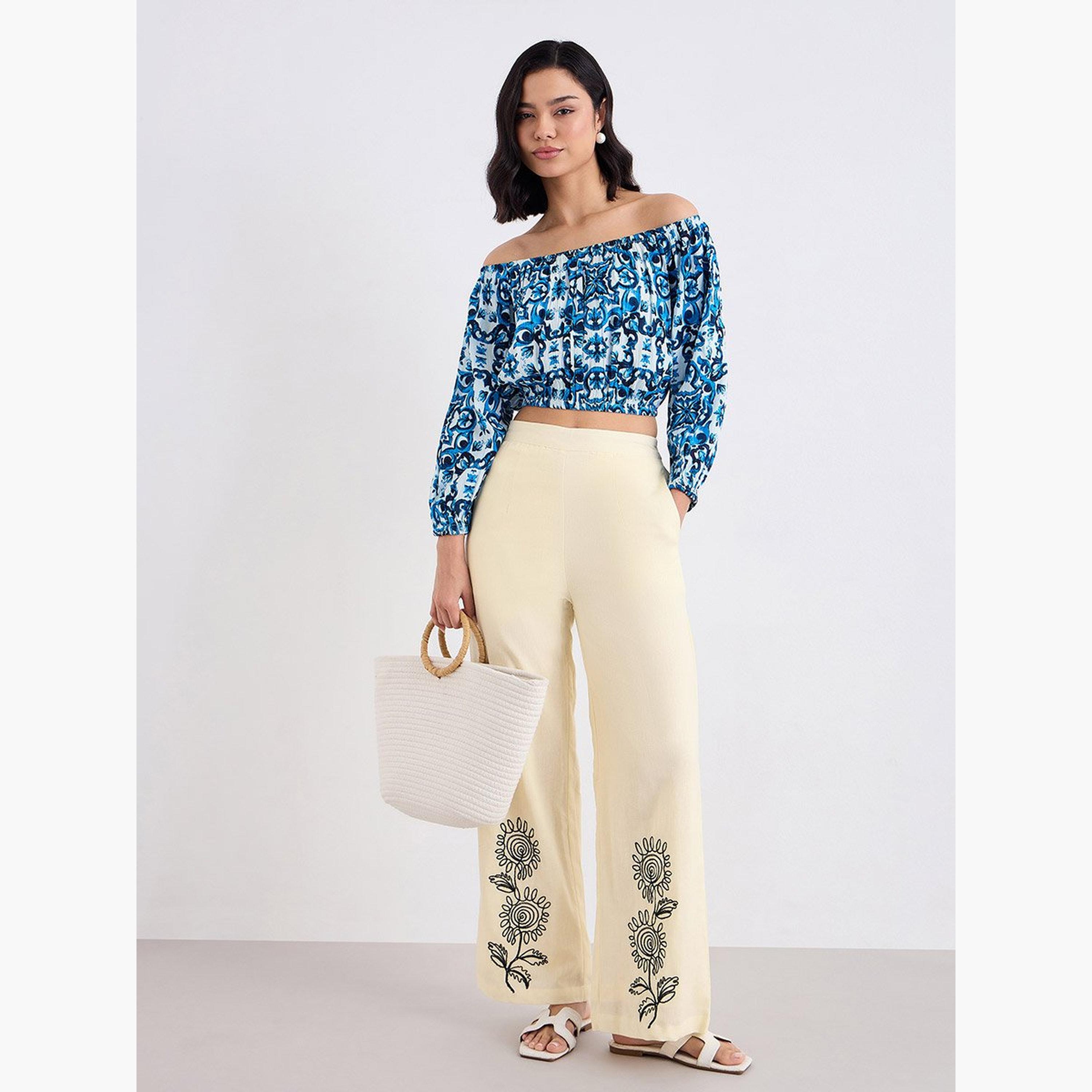 ستايلي - بنطال كريمي واسع الساق مع تفاصيل تطريز-women-clothing-bottoms-trousers-image-2