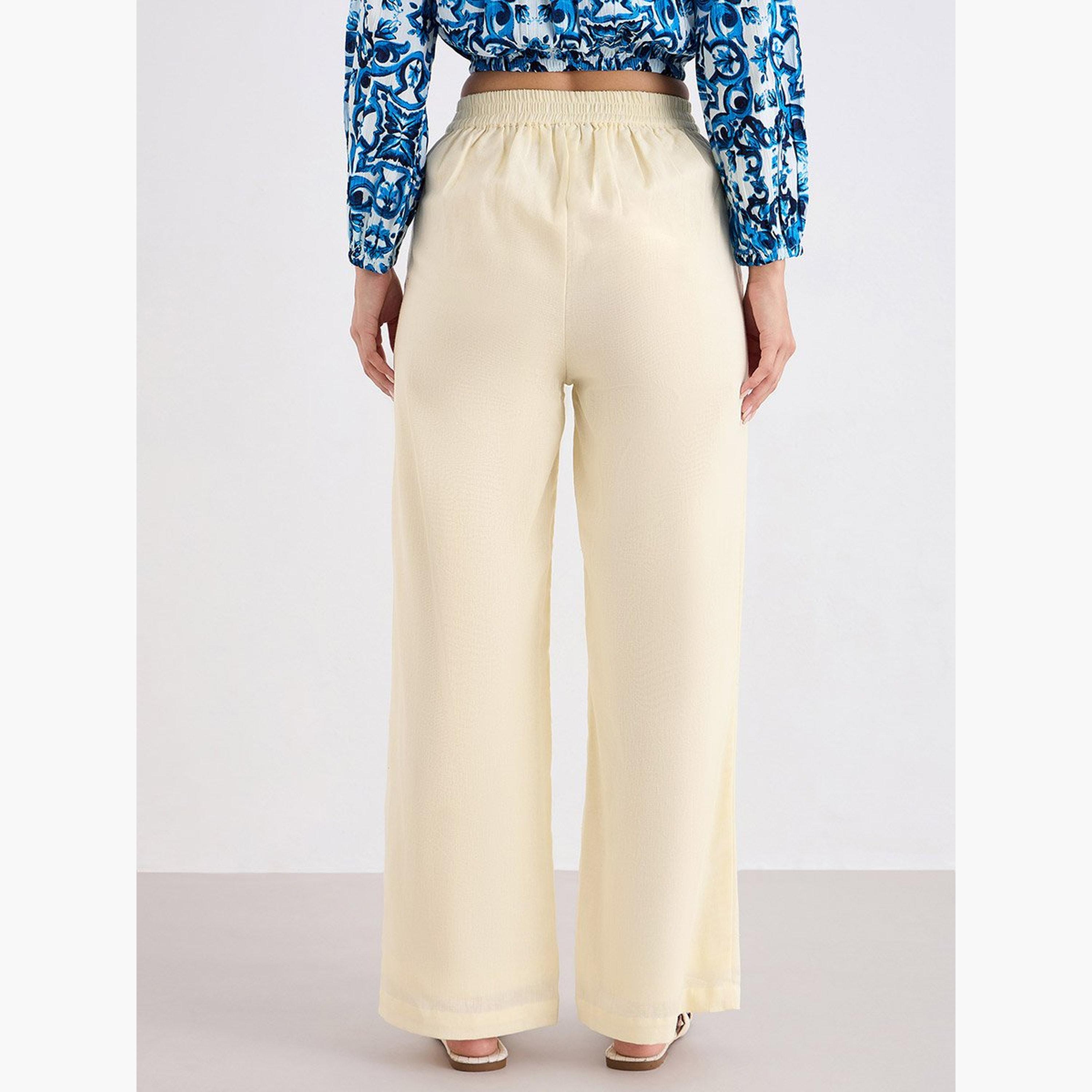 ستايلي - بنطال كريمي واسع الساق مع تفاصيل تطريز-women-clothing-bottoms-trousers-image-4