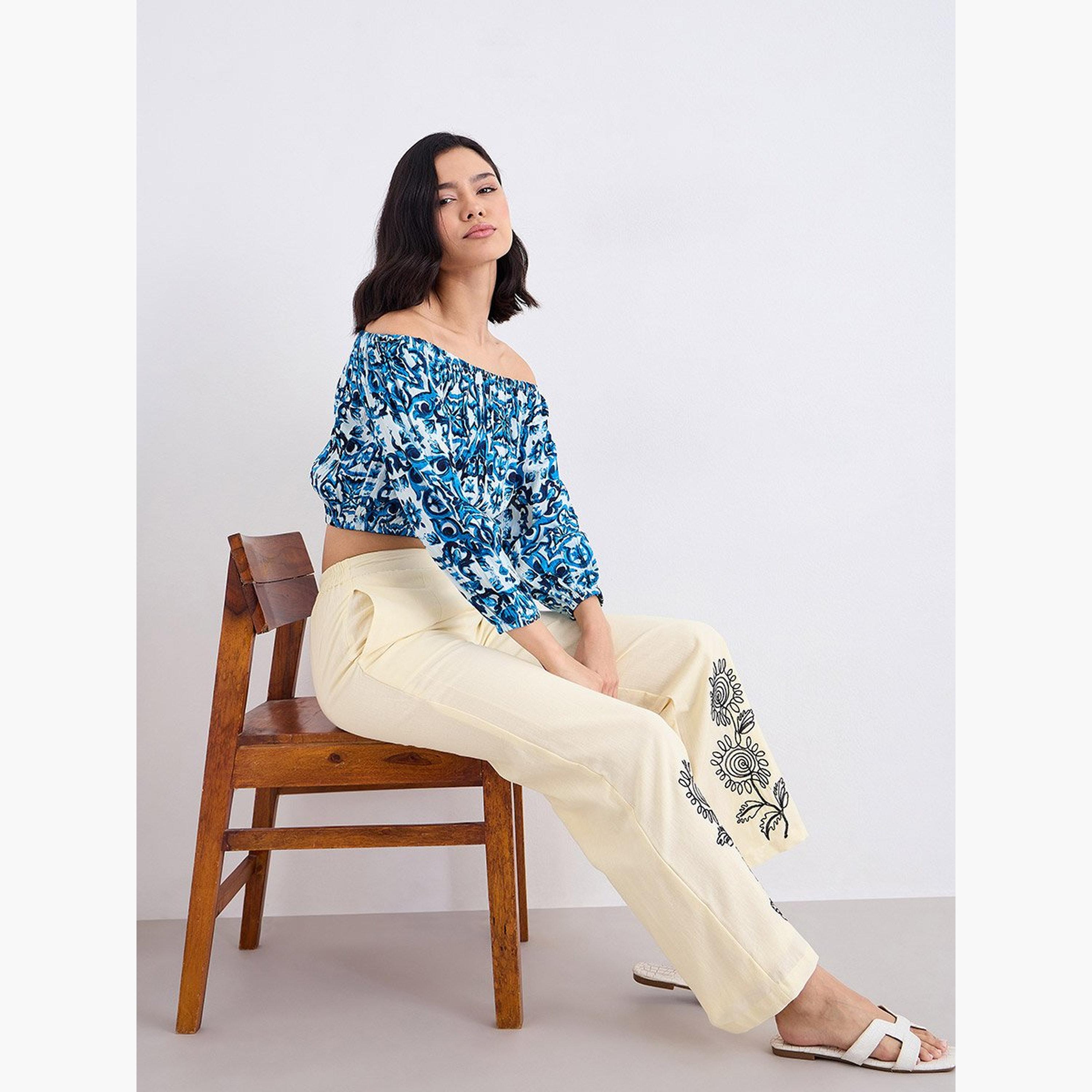 ستايلي - بنطال كريمي واسع الساق مع تفاصيل تطريز-women-clothing-bottoms-trousers-image-5