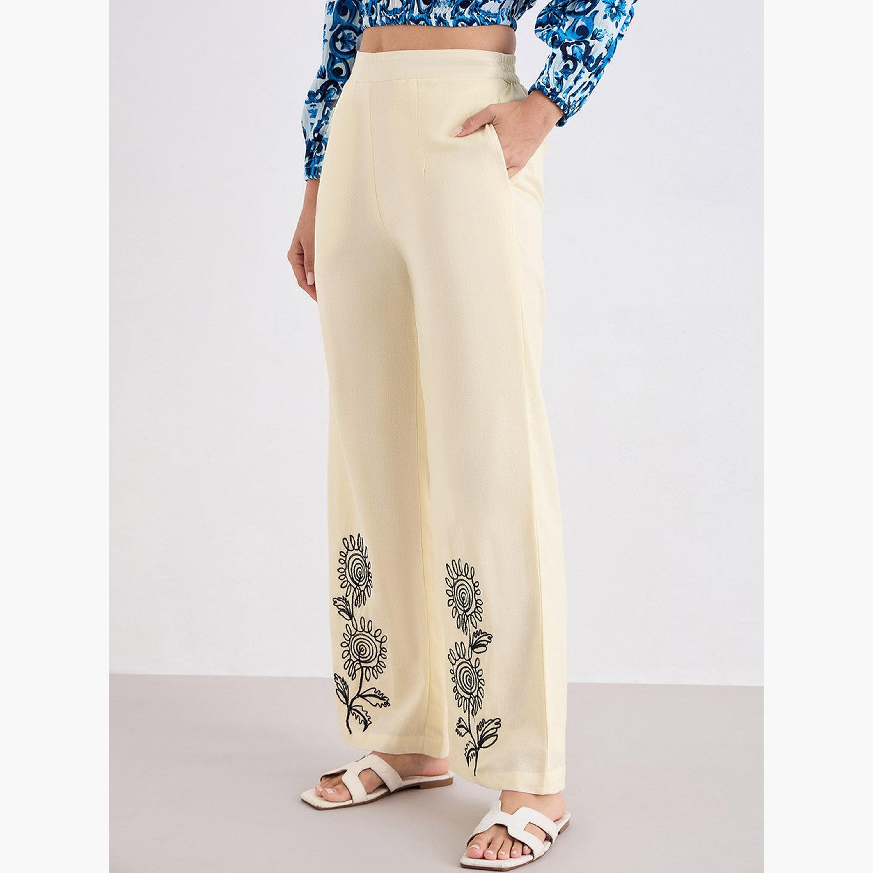 ستايلي - بنطال كريمي واسع الساق مع تفاصيل تطريز-women-clothing-bottoms-trousers-image-6