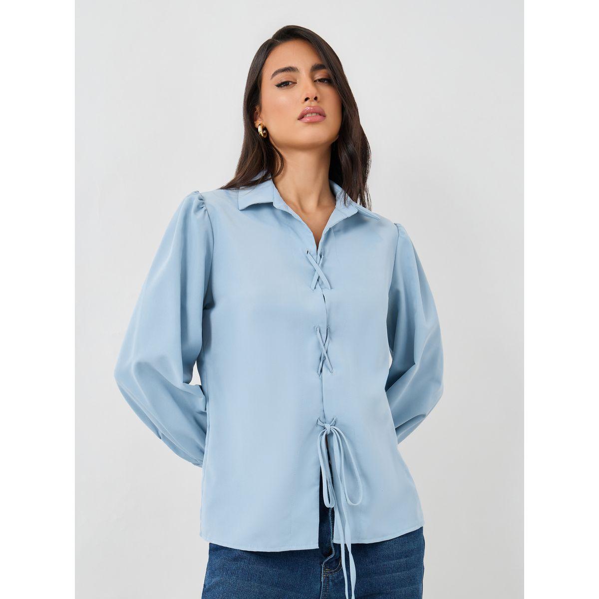 Styli Solid Balloon Sleeve Front Tie-Up Detail Shirt-women-clothing-shirtsandblouses-shirts-image-1