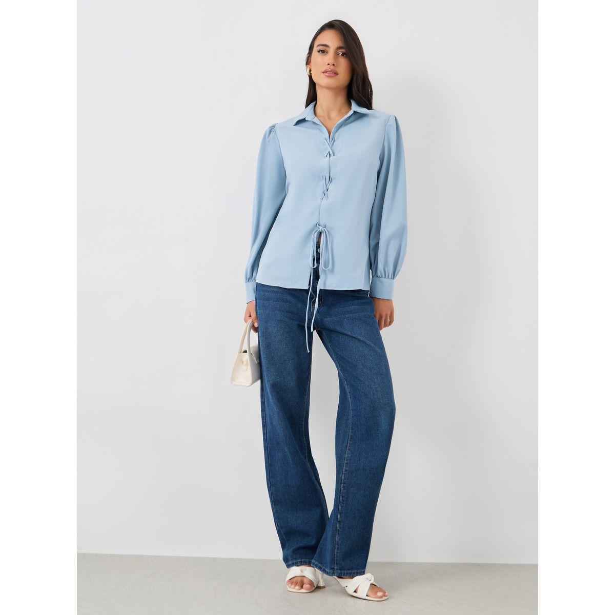 Styli Solid Balloon Sleeve Front Tie-Up Detail Shirt-women-clothing-shirtsandblouses-shirts-image-2