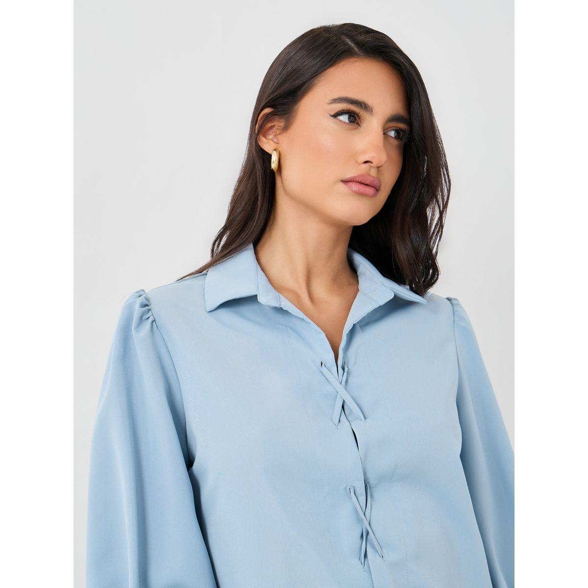 Styli Solid Balloon Sleeve Front Tie-Up Detail Shirt-women-clothing-shirtsandblouses-shirts-image-3