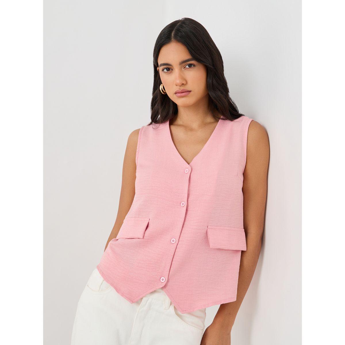 Styli Solid Flap Pocket Boxy Fit Waistcoat with Buttons-women-clothing-coatsandjackets-waistcoats-image-1