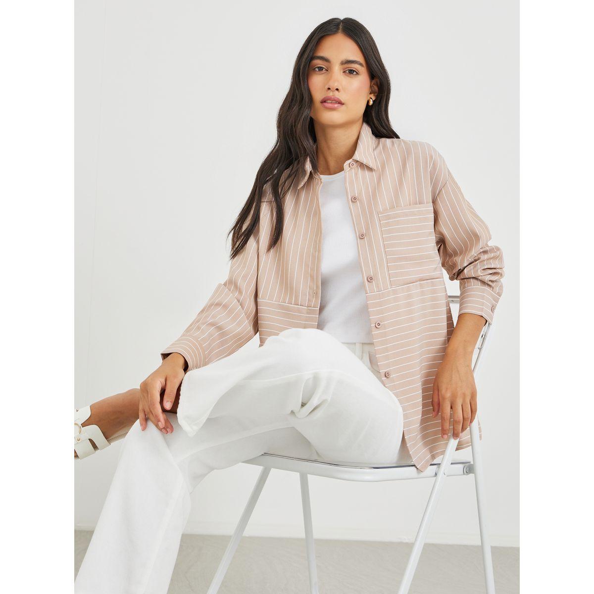 بلوزة مخططة طويلة بتفاصيل جيب-women-clothing-shirtsandblouses-shirts-image-1