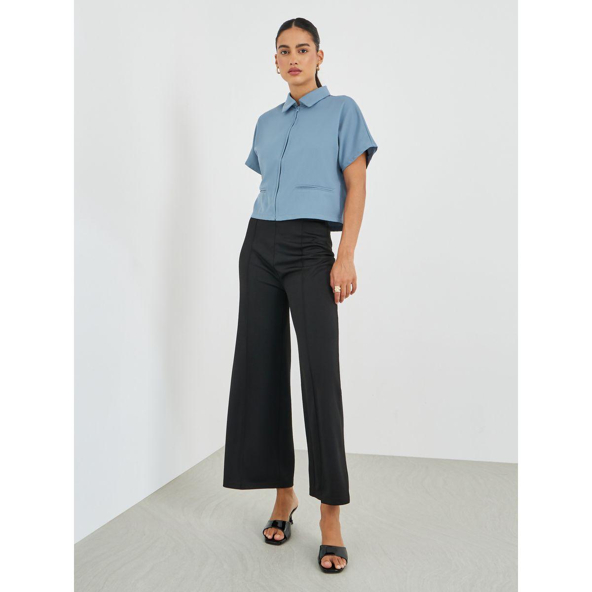 Styli Solid Spread Collar Front Zipper Crop Shirt-women-clothing-shirtsandblouses-shirts-image-2