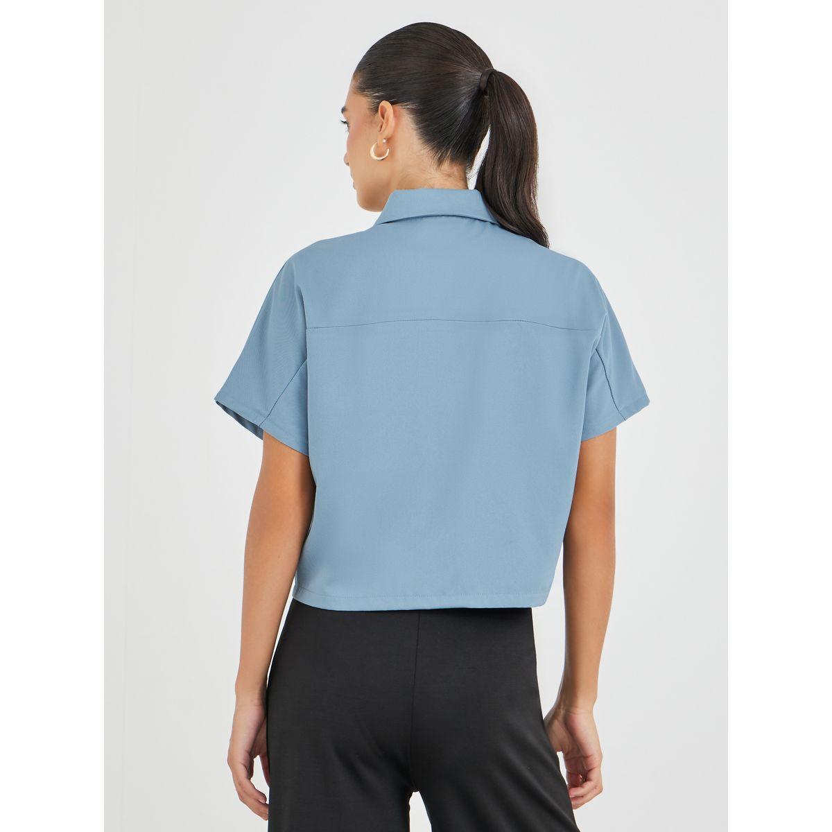 Styli Solid Spread Collar Front Zipper Crop Shirt-women-clothing-shirtsandblouses-shirts-image-4