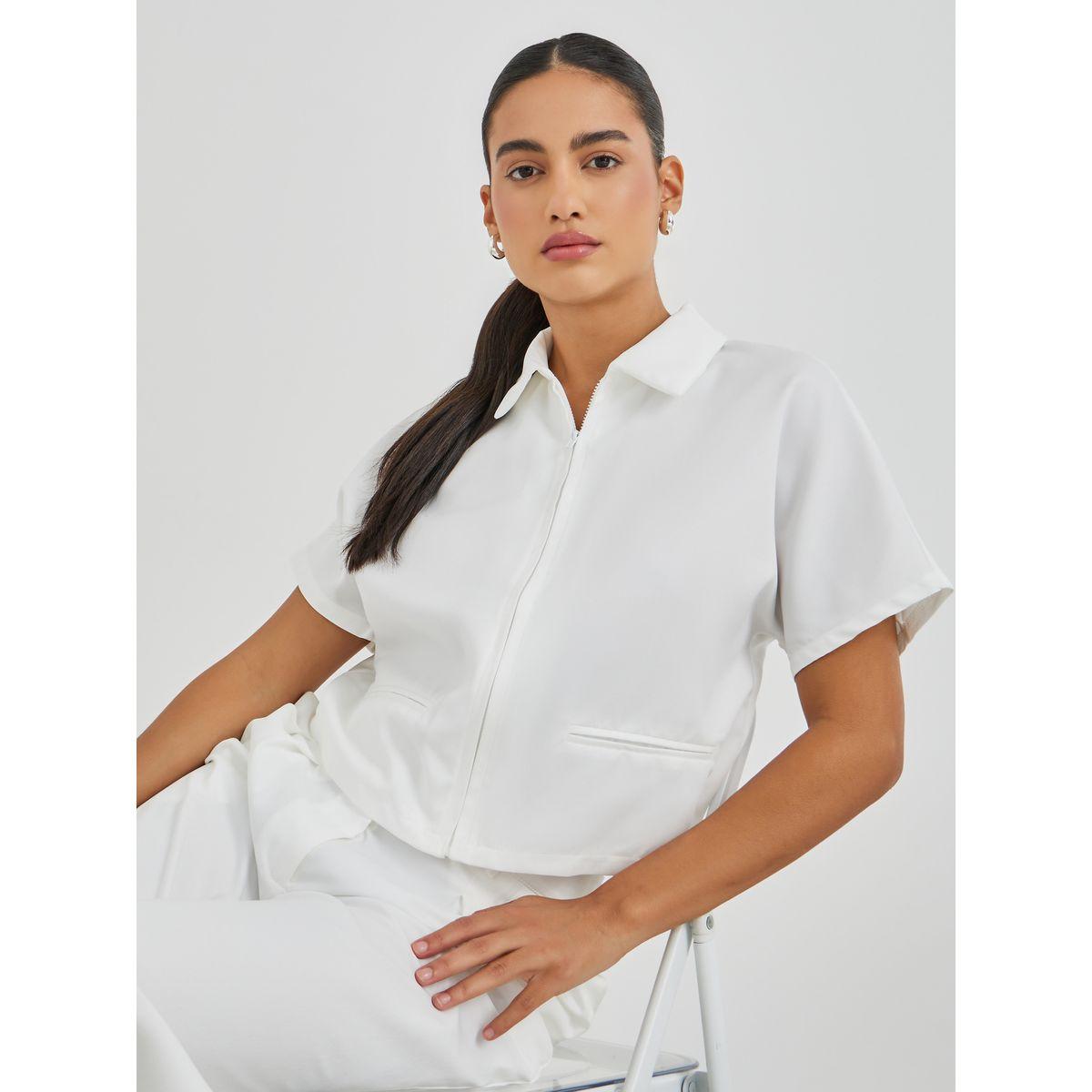 Styli Solid Spread Collar Front Zipper Shirt-women-clothing-shirtsandblouses-shirts-image-1