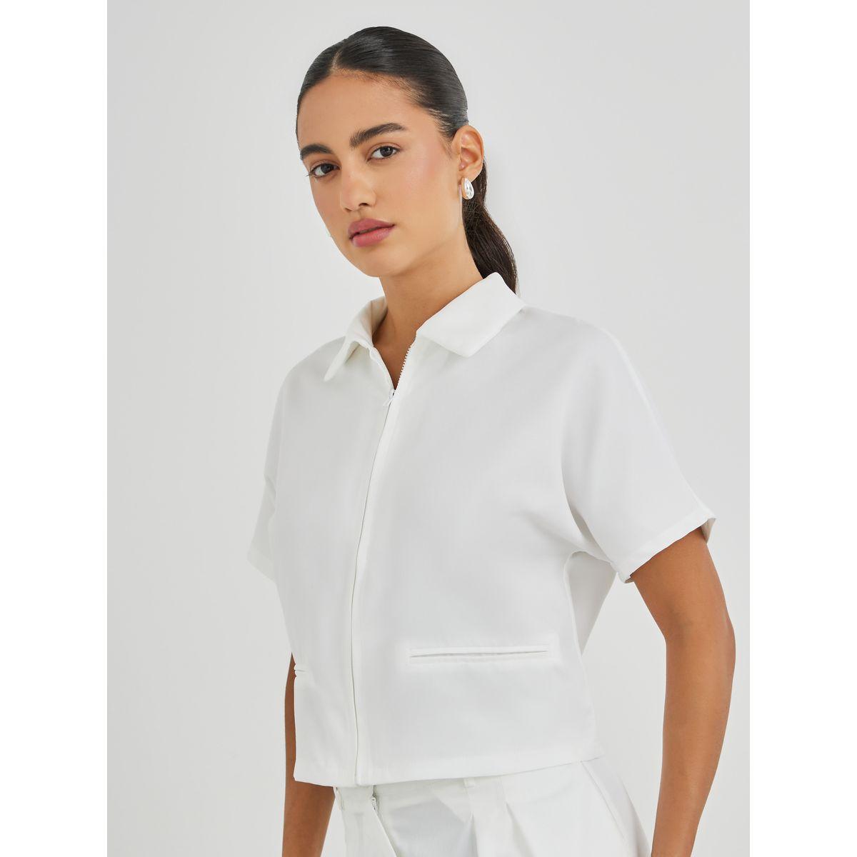 Styli Solid Spread Collar Front Zipper Shirt-women-clothing-shirtsandblouses-shirts-image-3
