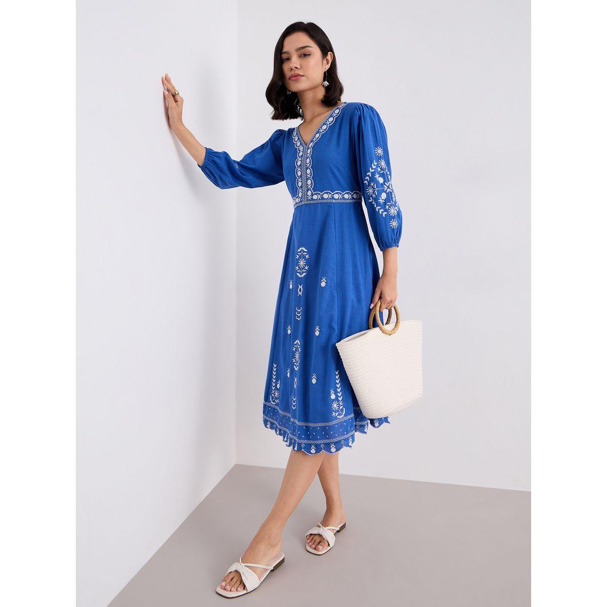 فستان ميدي بحافة واسعة وتفاصيل مُطرّزة مع أكمام بالون-women-clothing-dresses-image-1